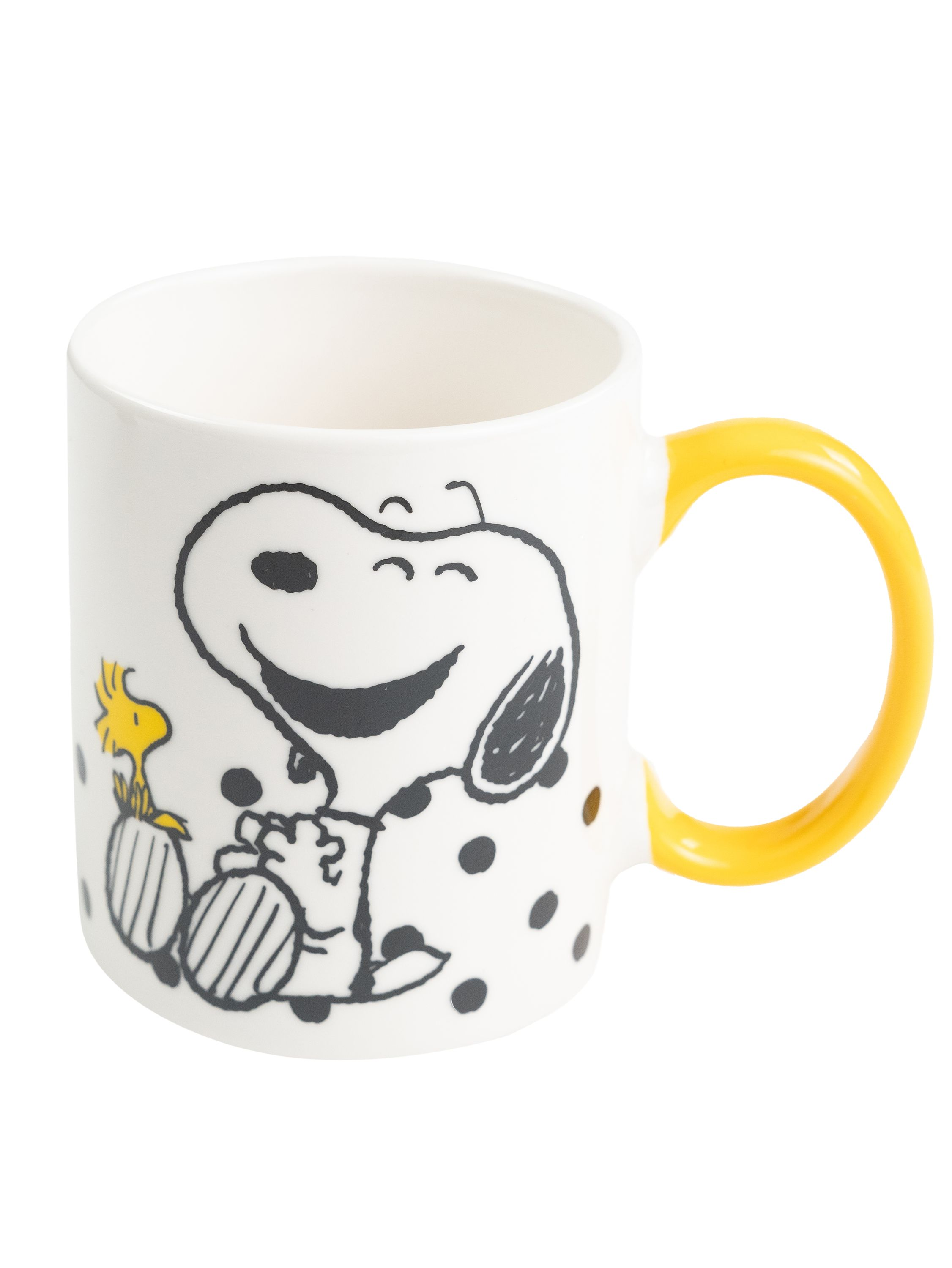 Snoopy-Tasse mit gelbem Griff. Snoopy und Woodstock sind auf der Tasse.