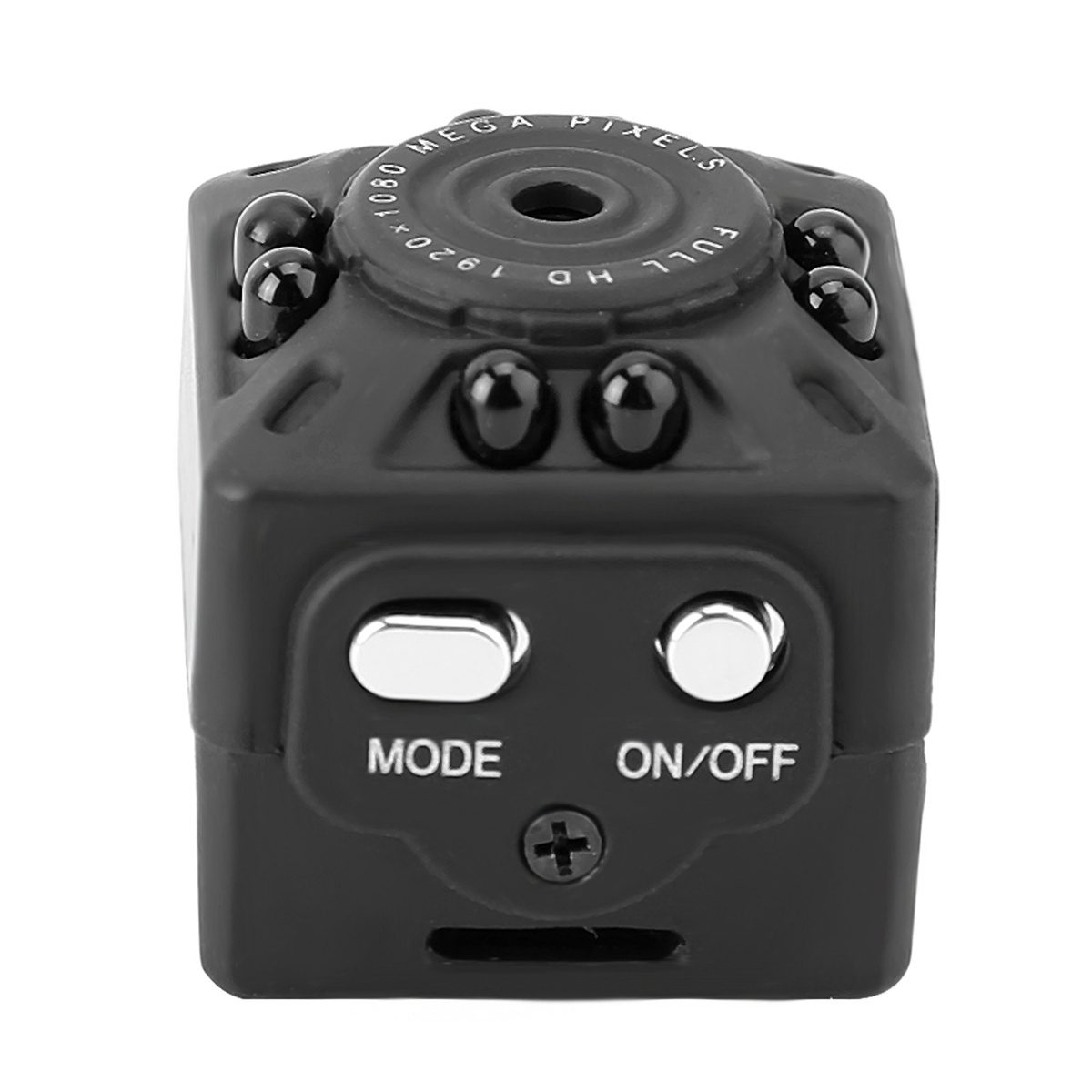 Schwarze Mini-Kamera mit Knöpfen und Text: Modus, Ein/Aus. Sie hat ein Objektiv und eine Schraube.