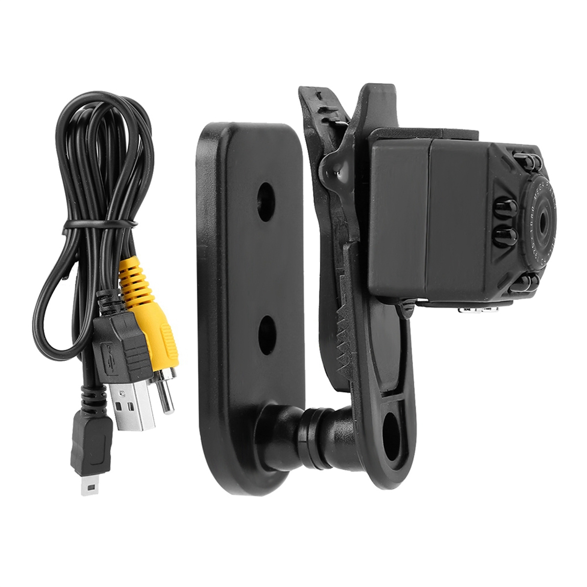 Eine kleine schwarze Kamera mit USB-Kabel und Clip-Halterung. Die Kamera hat ein Objektiv und Knöpfe.