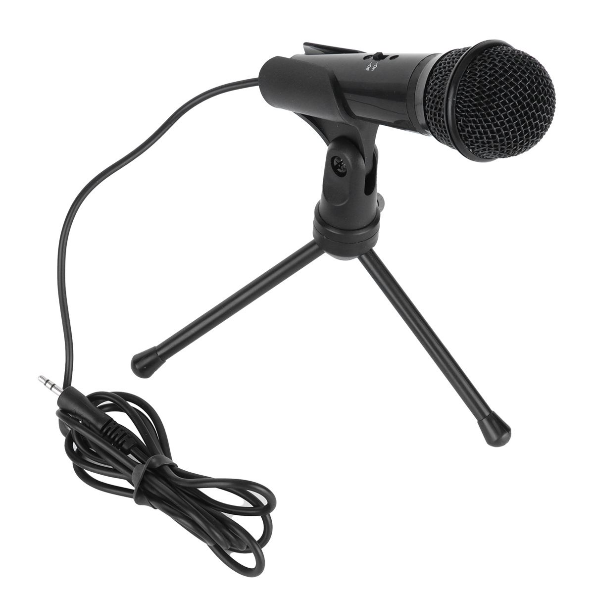 Schwarzes Mikrofon mit Ständer und Kabel.