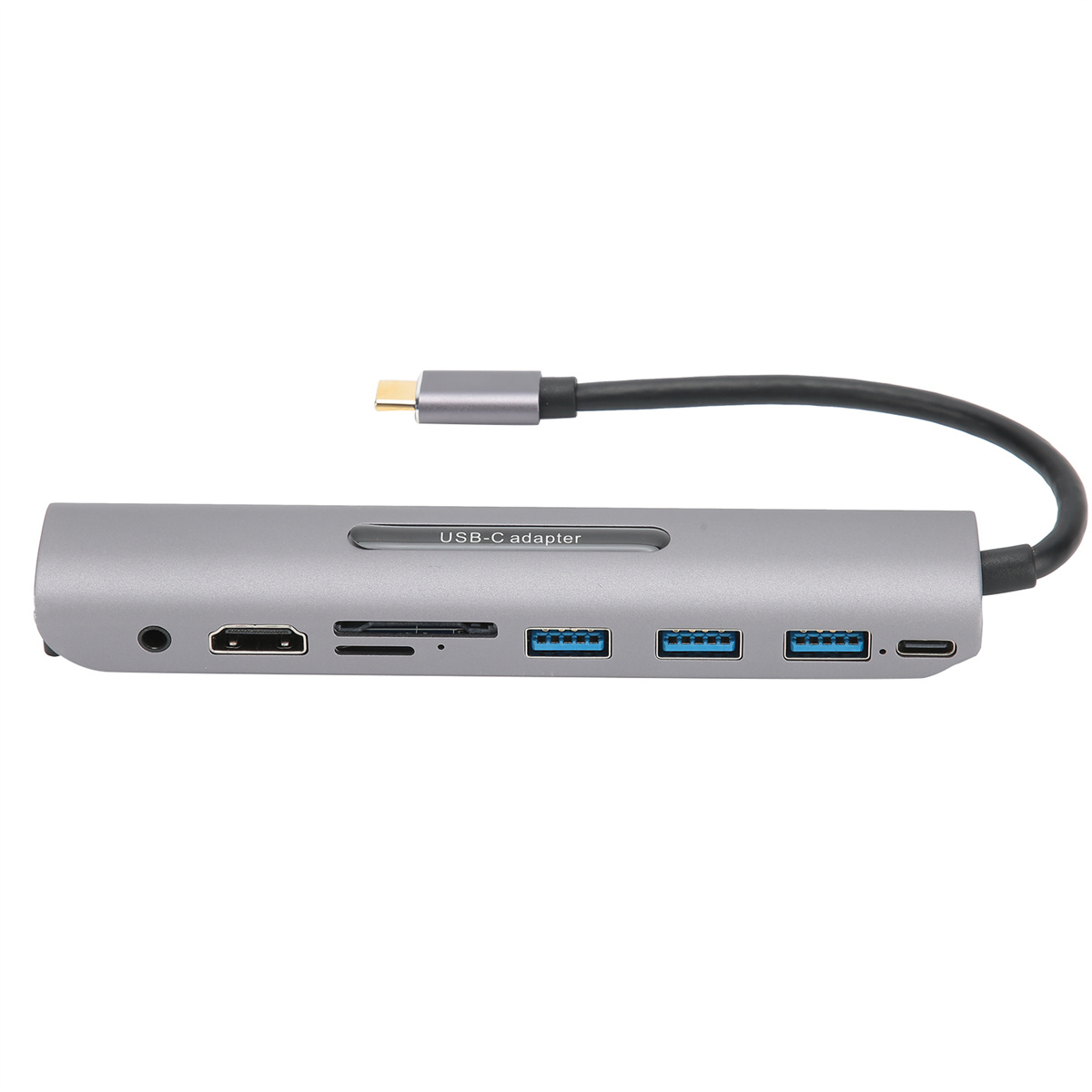 Ein silberner USB-C-Adapter mit mehreren Anschlüssen. Weißer Hintergrund.