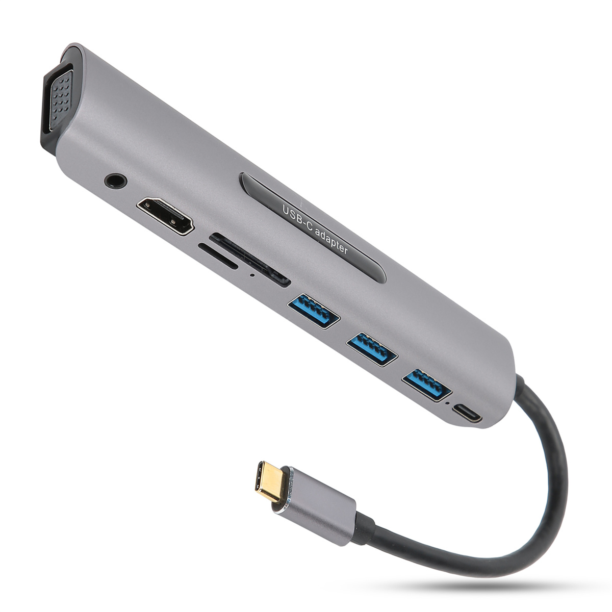 Grauer USB-C-Adapter mit mehreren Anschlüssen und Kabel.