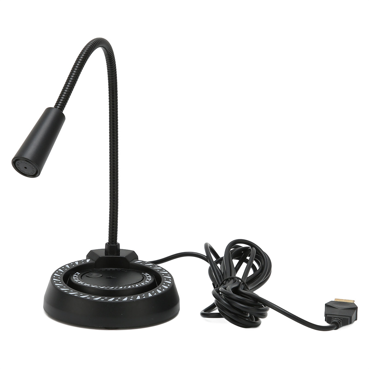 Schwarzes USB-Mikrofon mit flexiblem Arm und kreisförmigem Sockel. Weißer Hintergrund.