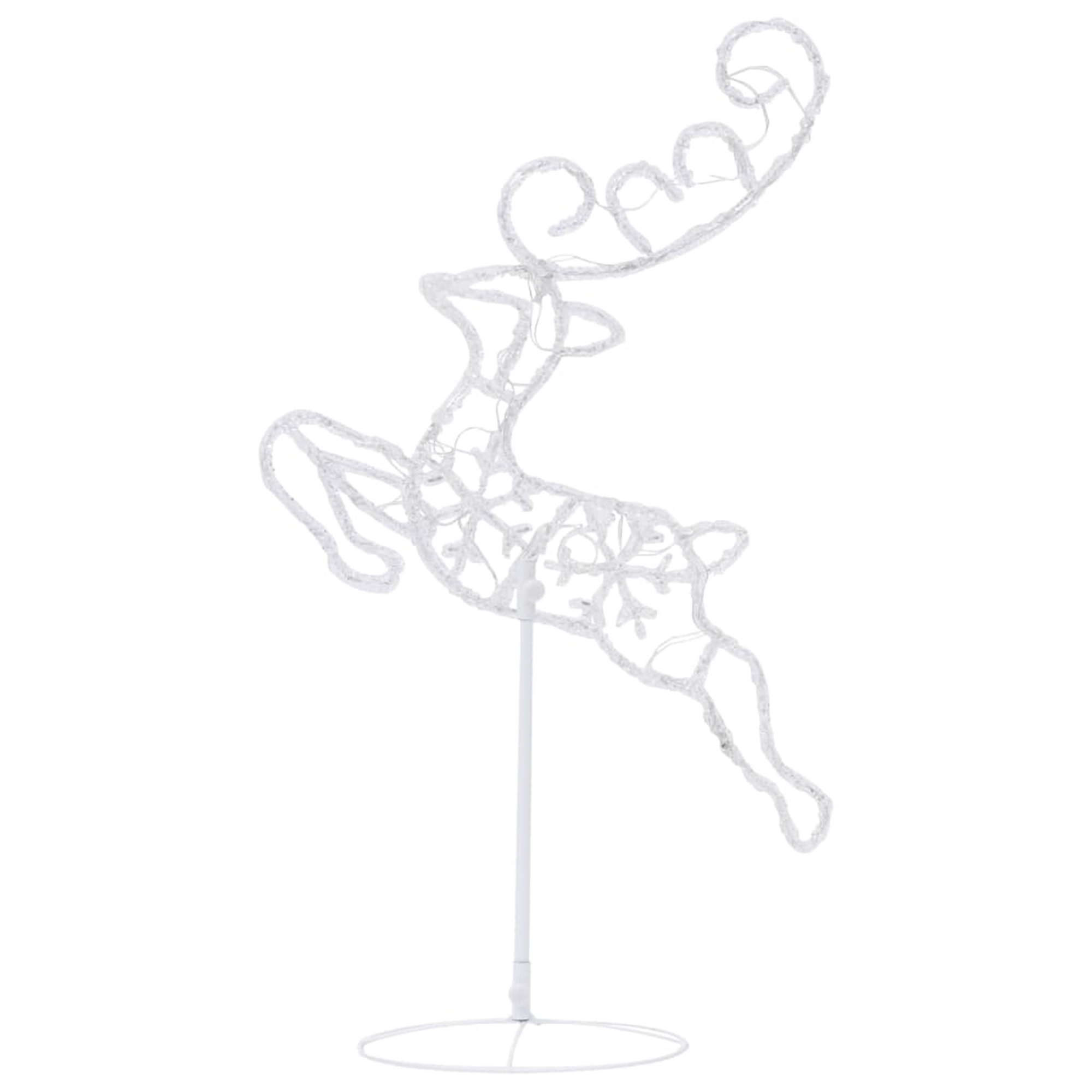 Weiße Rentierdekoration mit Lichtern. Laufpose, Silhouette-Stil. Auf einem weißen Ständer. Weißer Hintergrund.