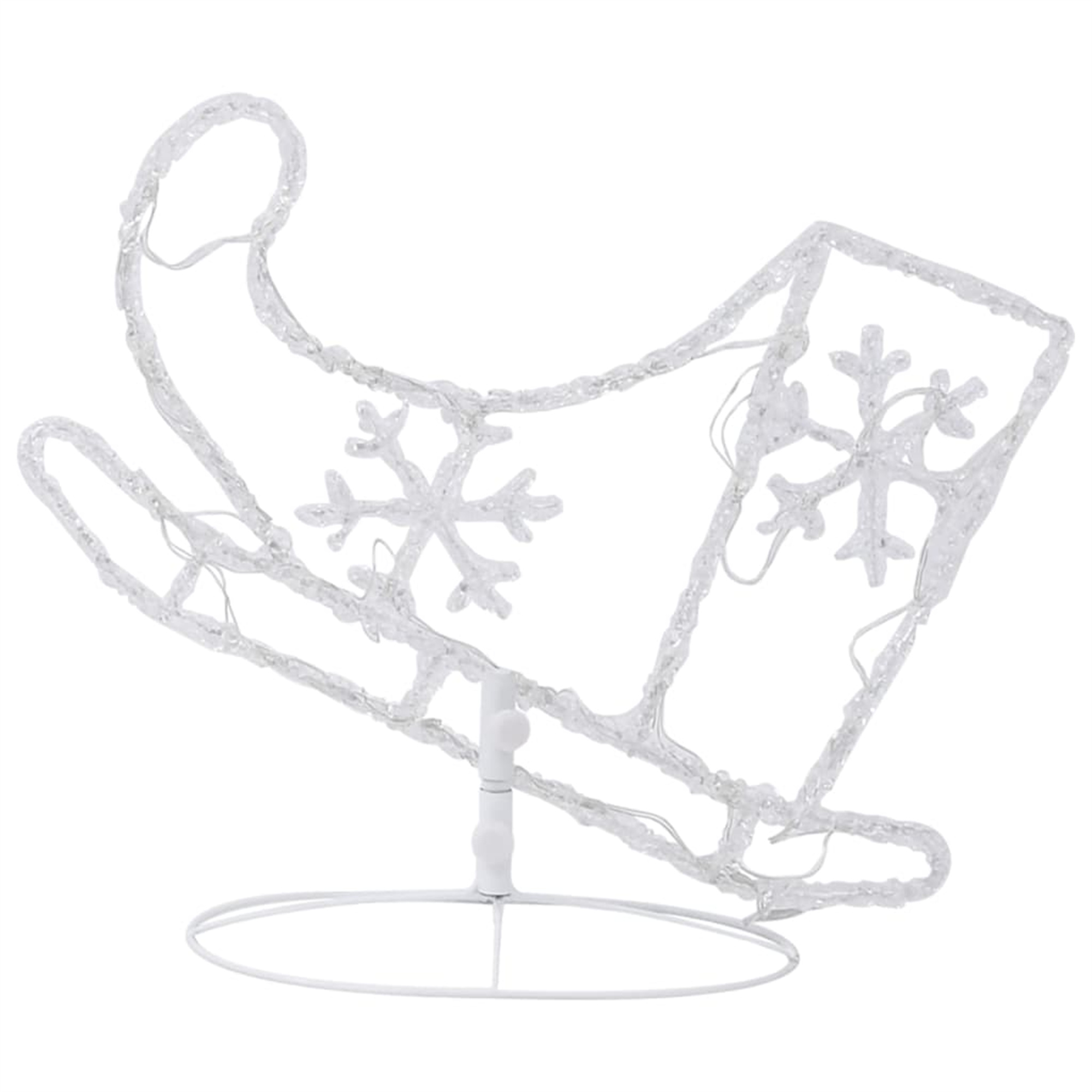 Weiße Weihnachts-Schlittenkontur mit Schneeflocken, auf weißem Ständer, isoliert auf weißem Hintergrund.