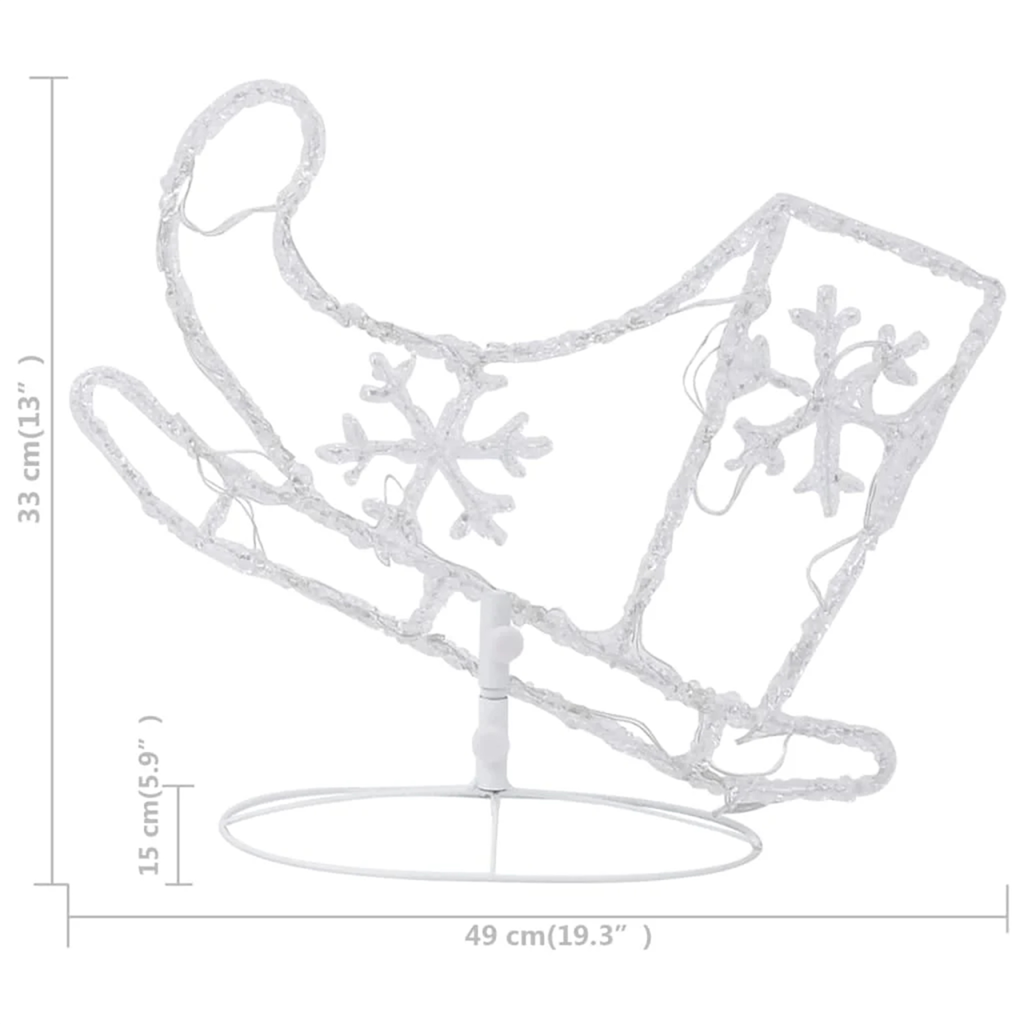 Weiß leuchtende Weihnachts-Schlitten-Dekoration mit Schneeflocken.