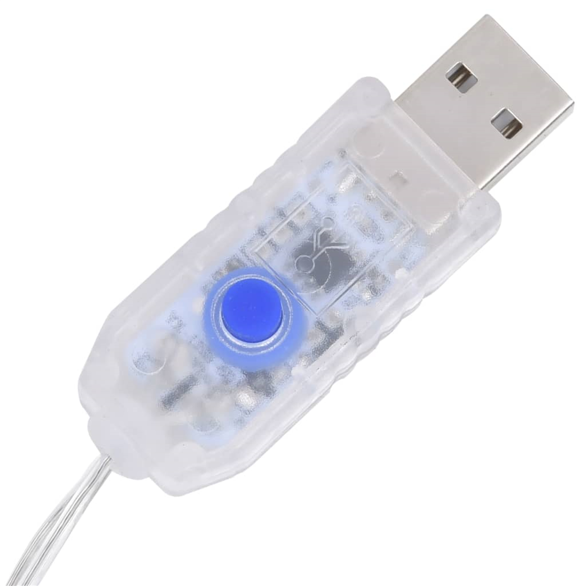 USB-Anschluss mit transparentem Kunststoffgehäuse und blauem Knopf.