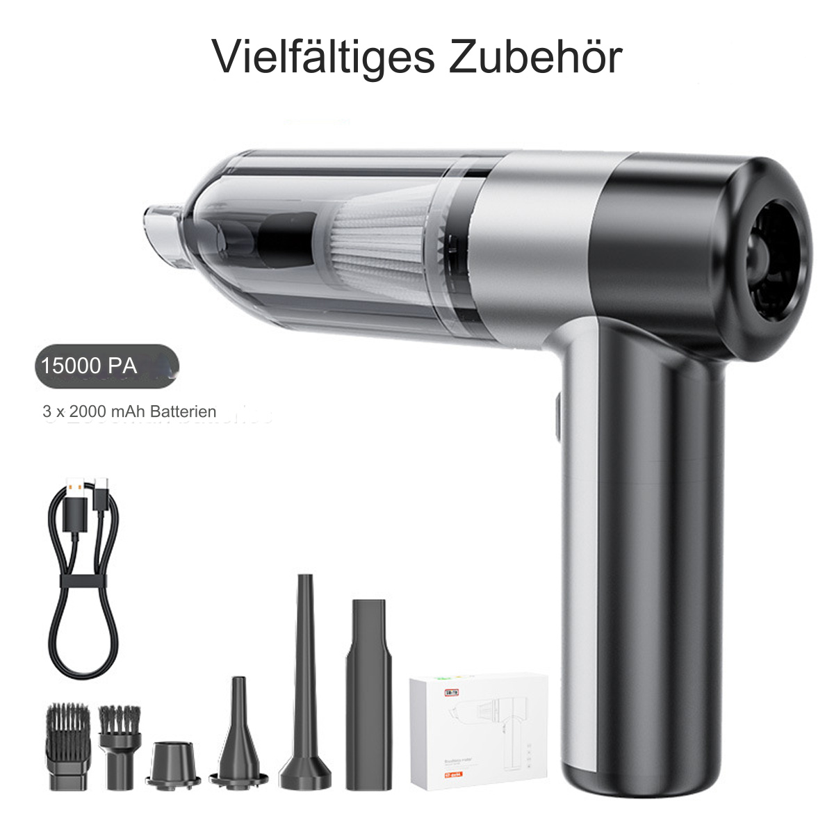 Ein Handstaubsauger mit Zubehör, einschließlich Ladekabel und verschiedenen Düsen.