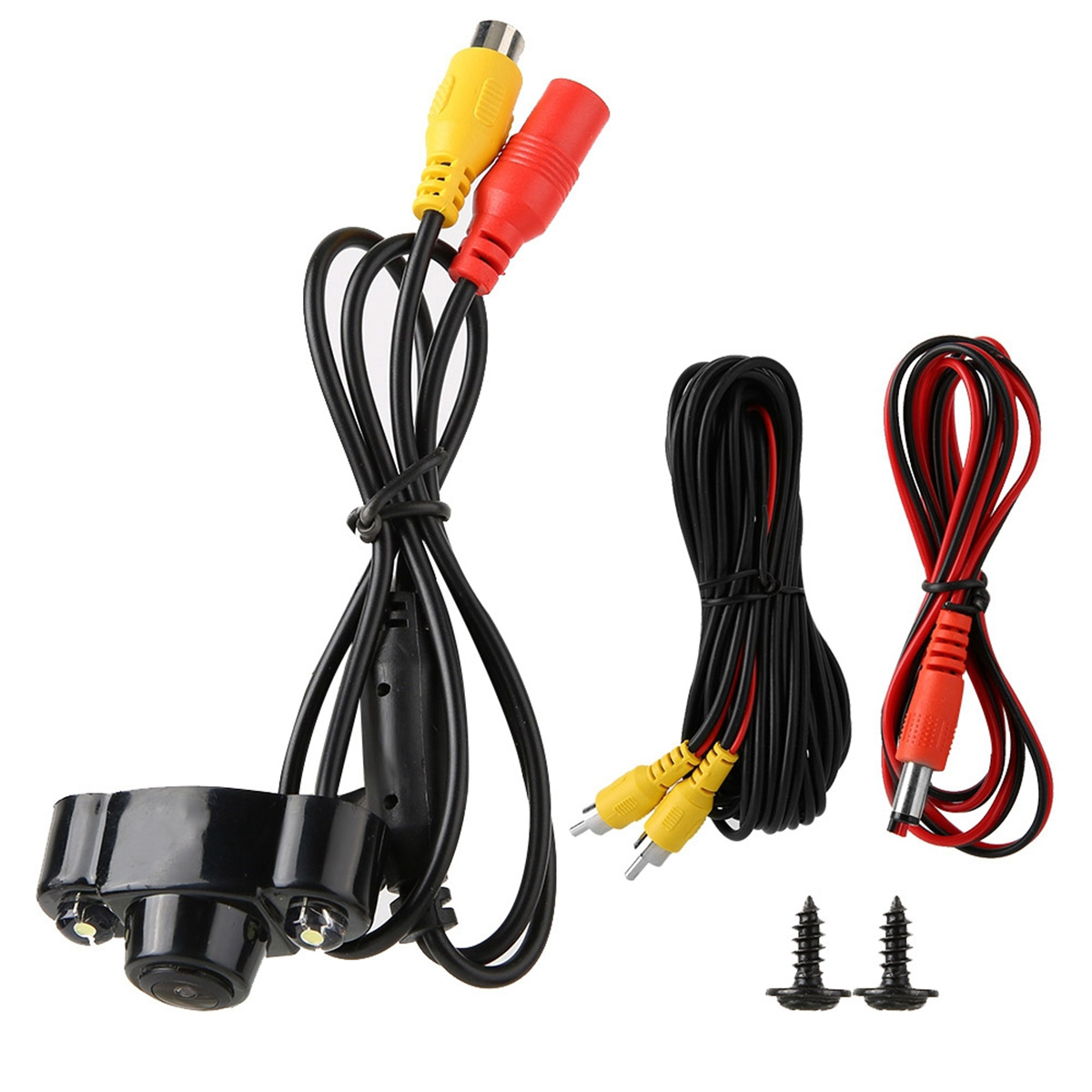 Rückfahrkamera-Kit mit schwarzer Kamera, schwarzen Kabeln, gelben/roten Cinch-Anschlüssen und Schrauben auf weißem Hintergrund.
