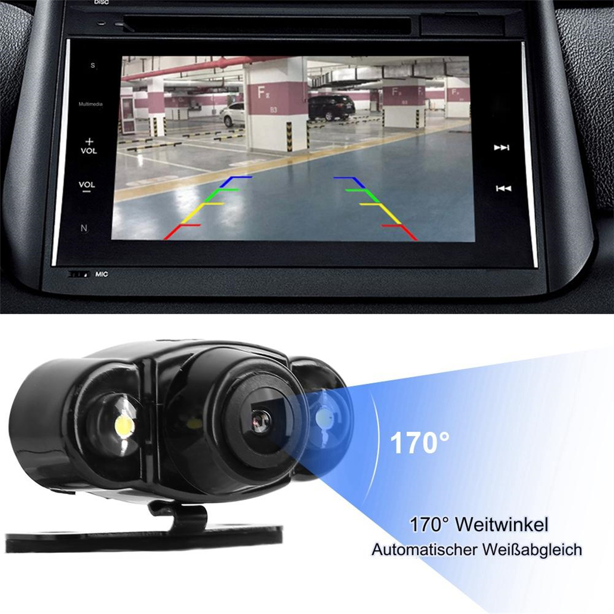 Autobildschirm mit Parkplatzansicht und Rückfahrkamera.