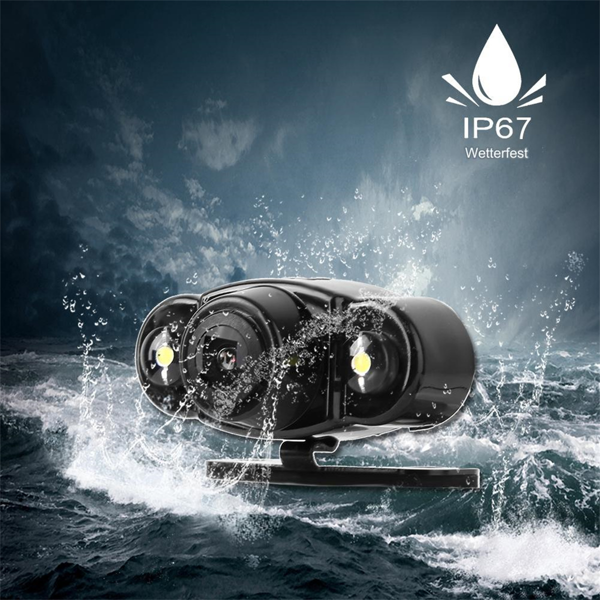 Schwarze, wasserdichte LED-Leuchten im Wasser, IP67-Bewertung sichtbar. Regenreicher, stürmischer Hintergrund.