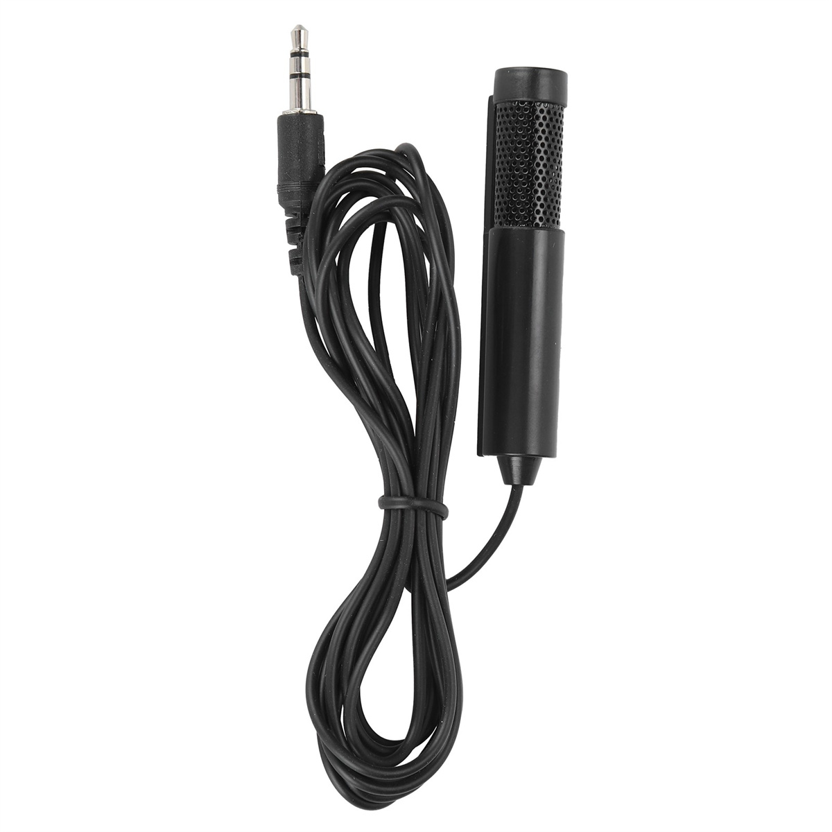 Schwarzes Mini-Mikrofon mit 3,5-mm-Klinke und schwarzem Kabel. Isoliert auf weißem Hintergrund.