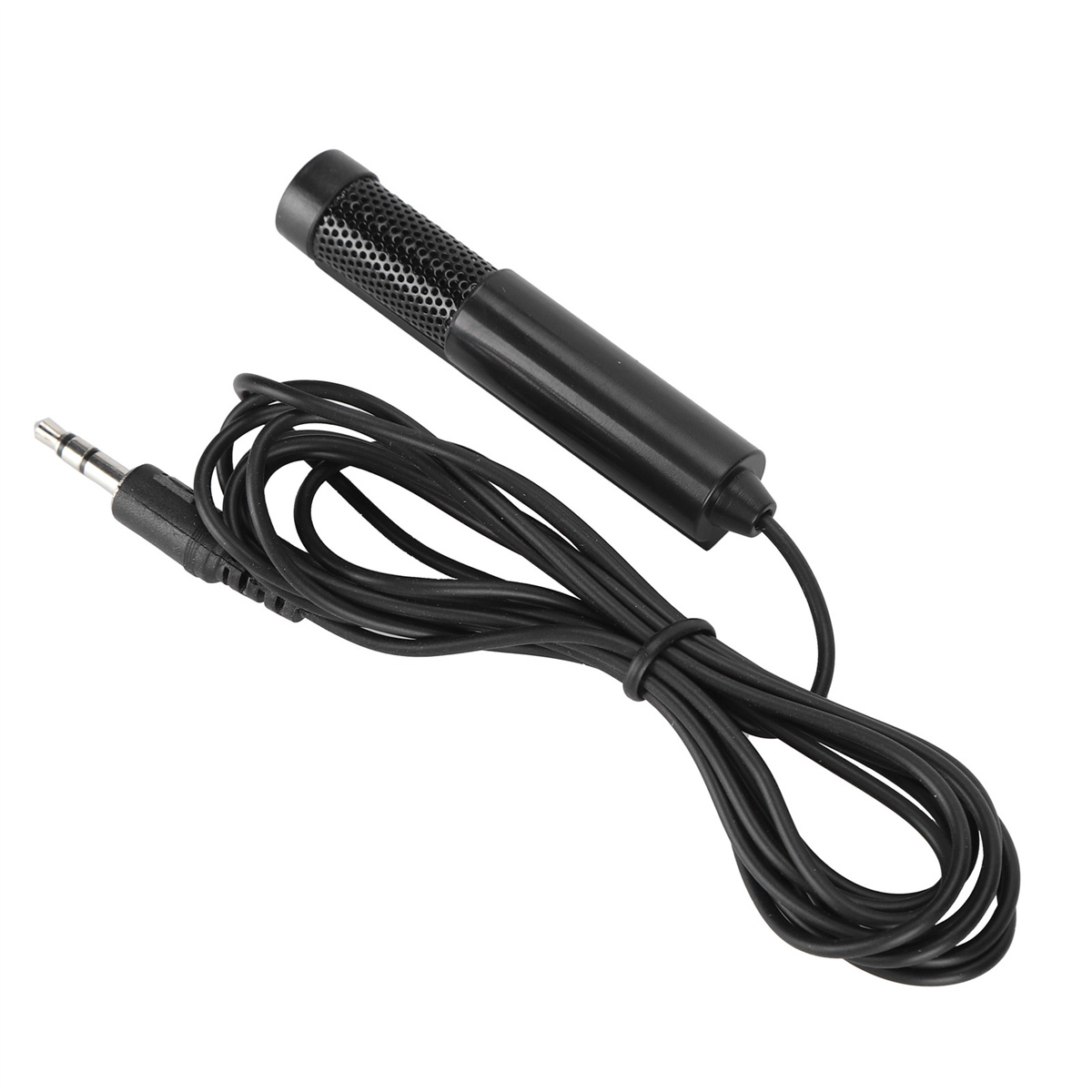 Schwarzes Mikrofon mit 3,5-mm-Klinke und Kabel. Weißer Hintergrund.