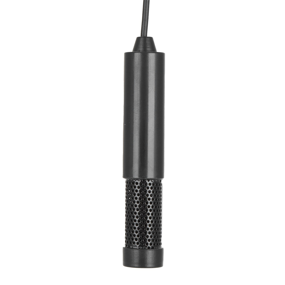 Schwarzes zylindrisches Mikrofon mit perforiertem Kopf und schwarzem Kabel.