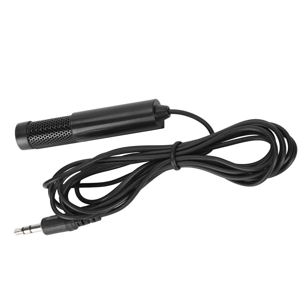 Ein schwarzes Mikrofon mit einem schwarzen Kabel und Stecker vor weißem Hintergrund.