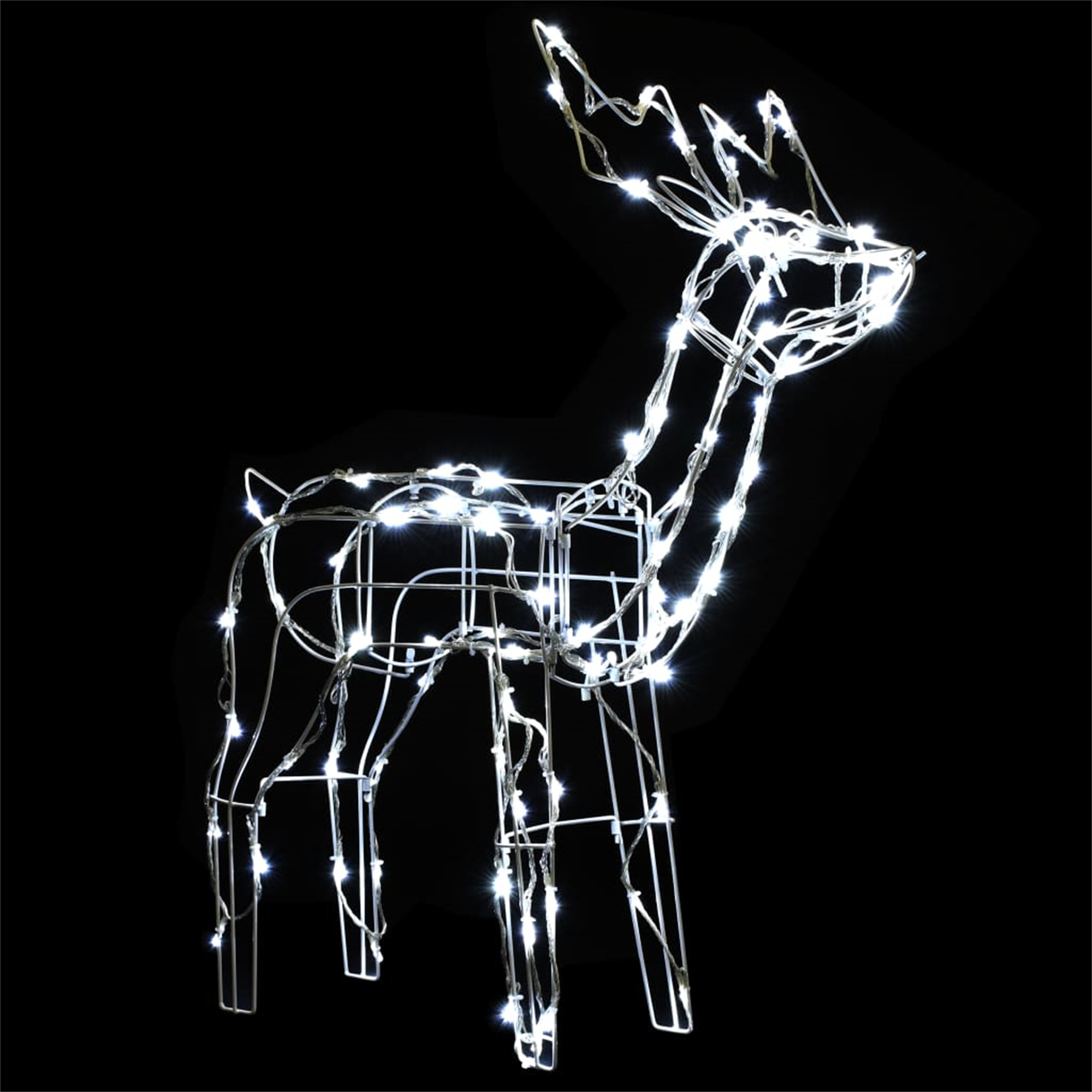Metall-Rentierdekoration mit weißen Lichtern, vor schwarzem Hintergrund.