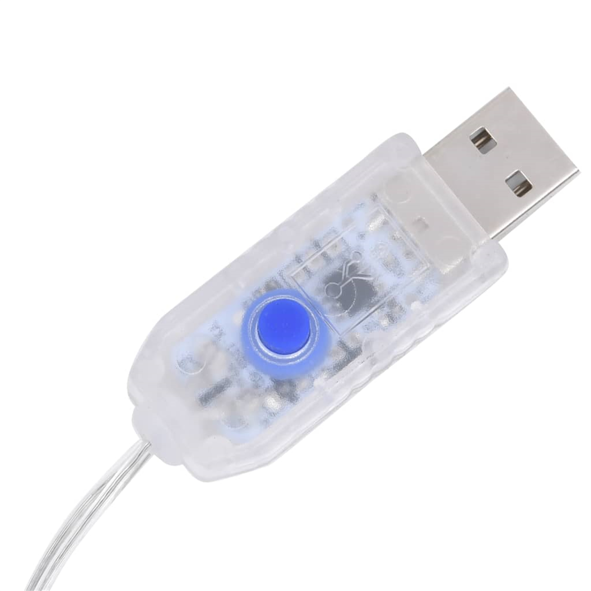 Ein transparenter USB-Anschluss mit blauem Knopf. Der Anschluss befindet sich an einem weißen Kabel.