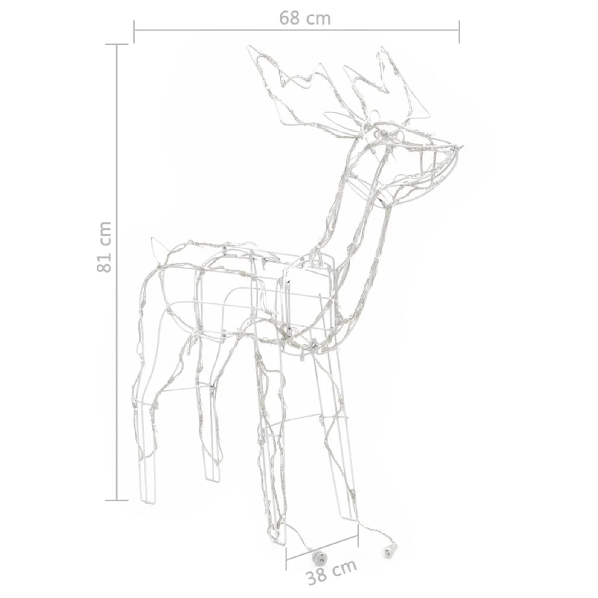 Weißes, hirschförmiges Weihnachtslicht-Display mit den Maßen 81 cm hoch, 68 cm breit und 38 cm tief.