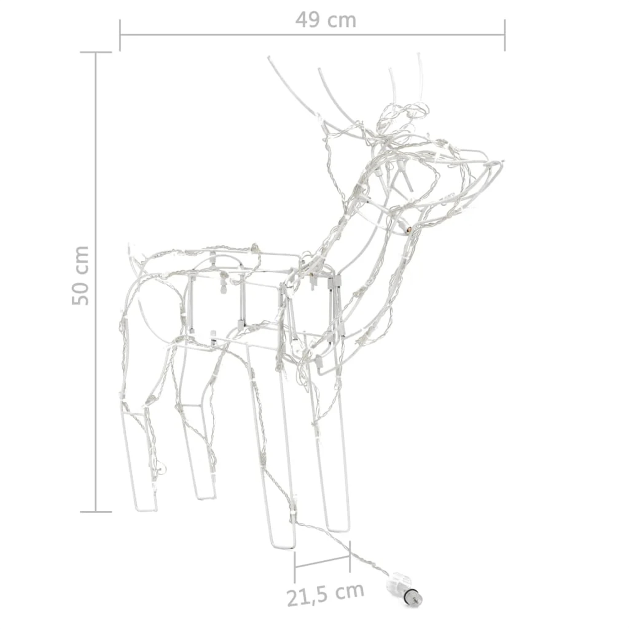 Weiße Rentierdekoration mit Maßen, beleuchtet von Lichterketten, auf weißem Hintergrund. 50 cm hoch.
