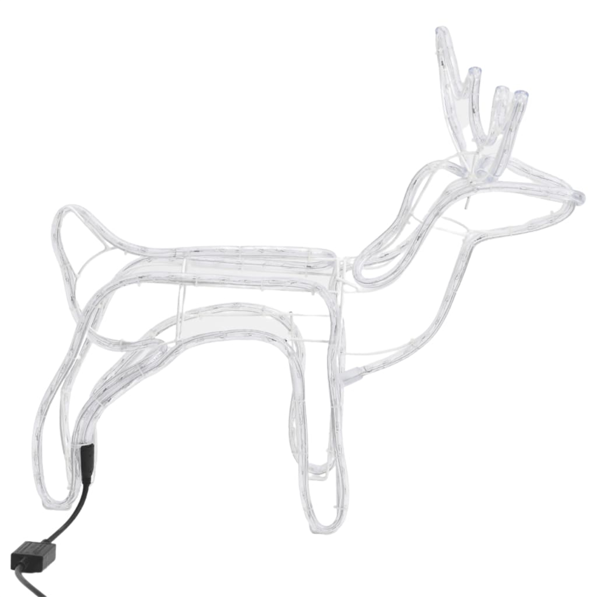 Eine weiße Rentier-förmige Umriss-Weihnachtsbeleuchtung, mit einem schwarzen Kabel und Stecker.