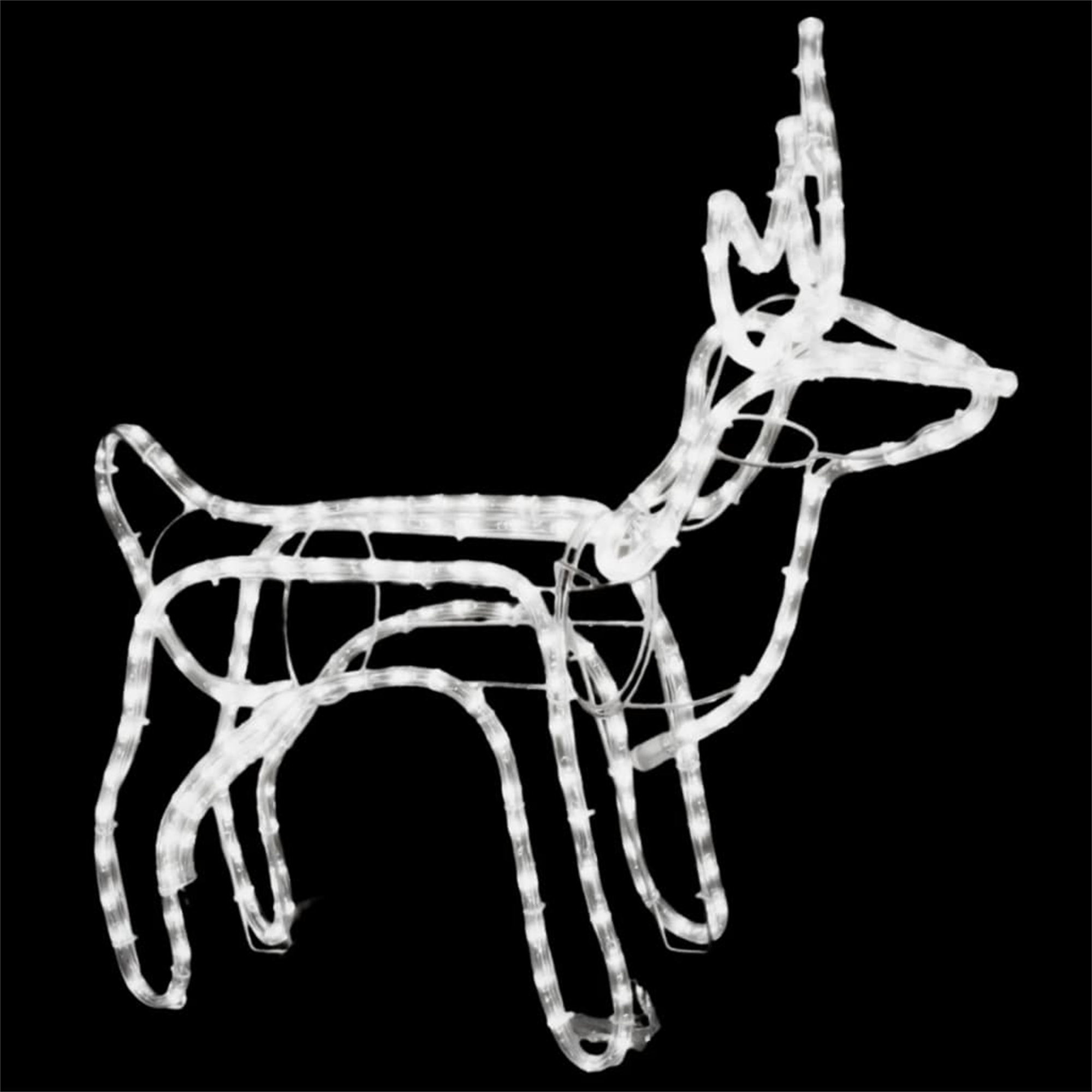 Weißer Weihnachtsrentier-Umriss mit Lichtern auf schwarzem Hintergrund. Es ist eine festliche Weihnachtsdekoration.