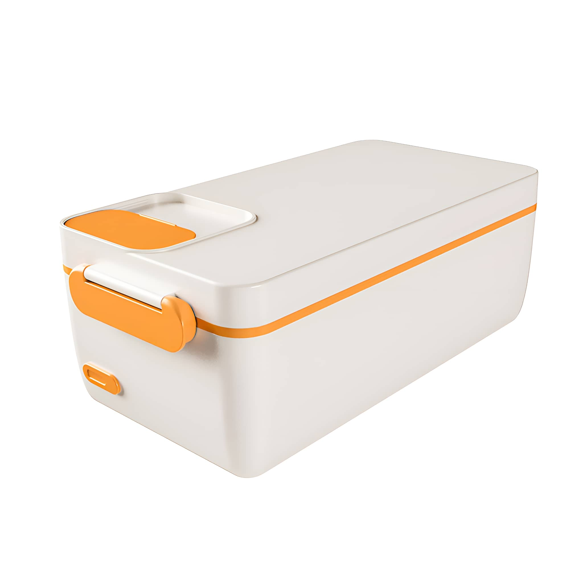 Eine weiße und orangefarbene Lunchbox mit Griff auf weißer Oberfläche.