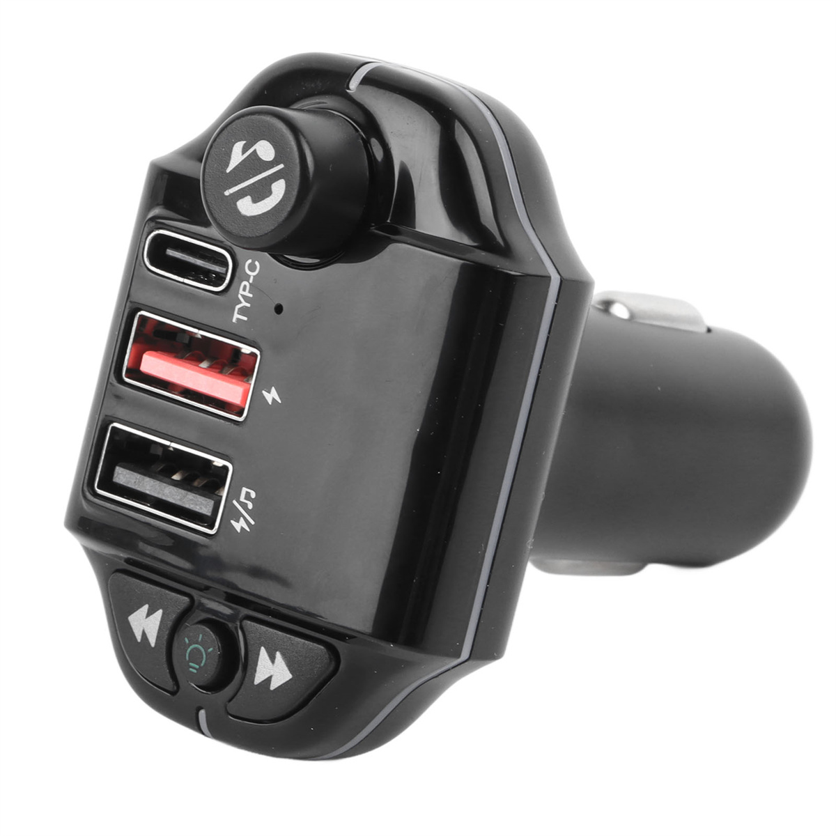 Schwarzer Auto-Adapter mit USB-Anschlüssen und Bedienelementen, Winkelansicht.