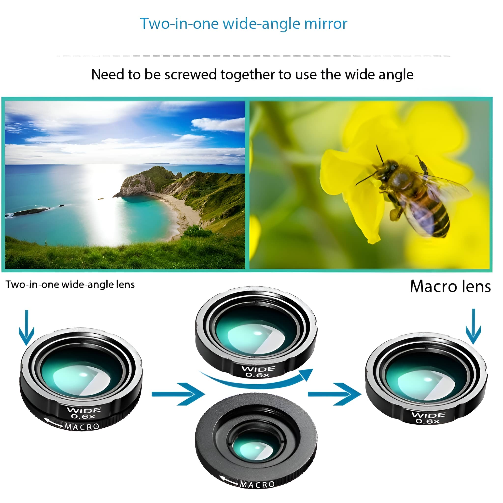 Zwei-in-Eins-Weitwinkelspiegel-Set mit Strand- und Bienenbildern. Makroobjektive.