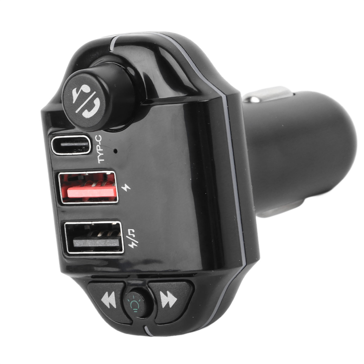 Schwarzes Autoladegerät mit USB-Anschlüssen und Bedientasten, auf weißem Hintergrund.