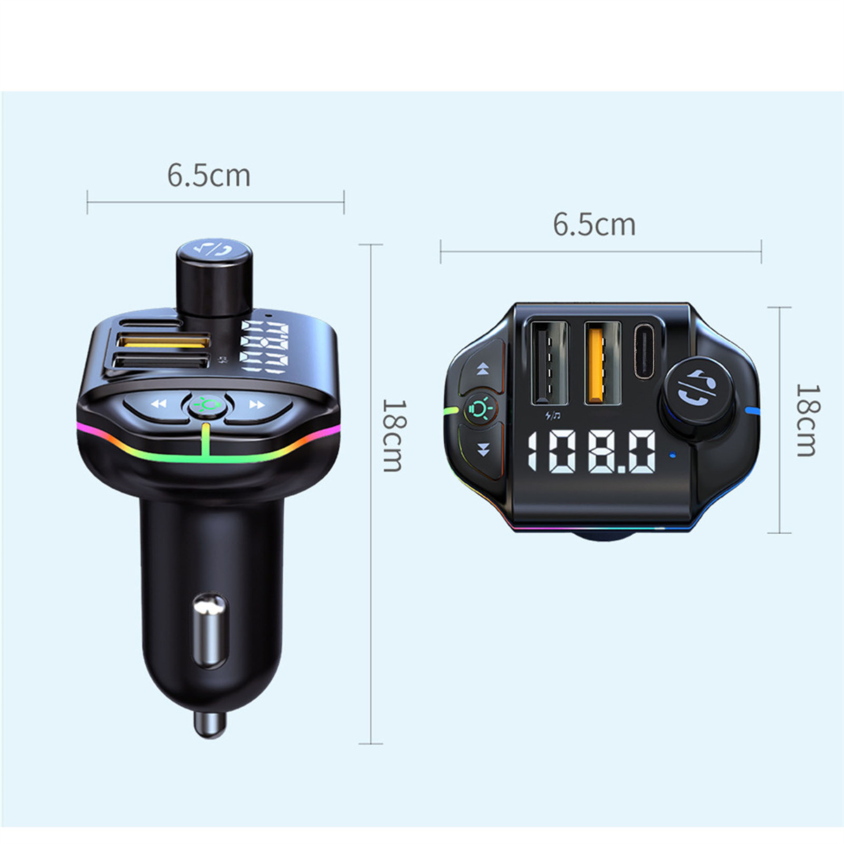 Ein schwarzes Autoladegerät mit Digitalanzeige, USB-Anschlüssen und Maßangaben.