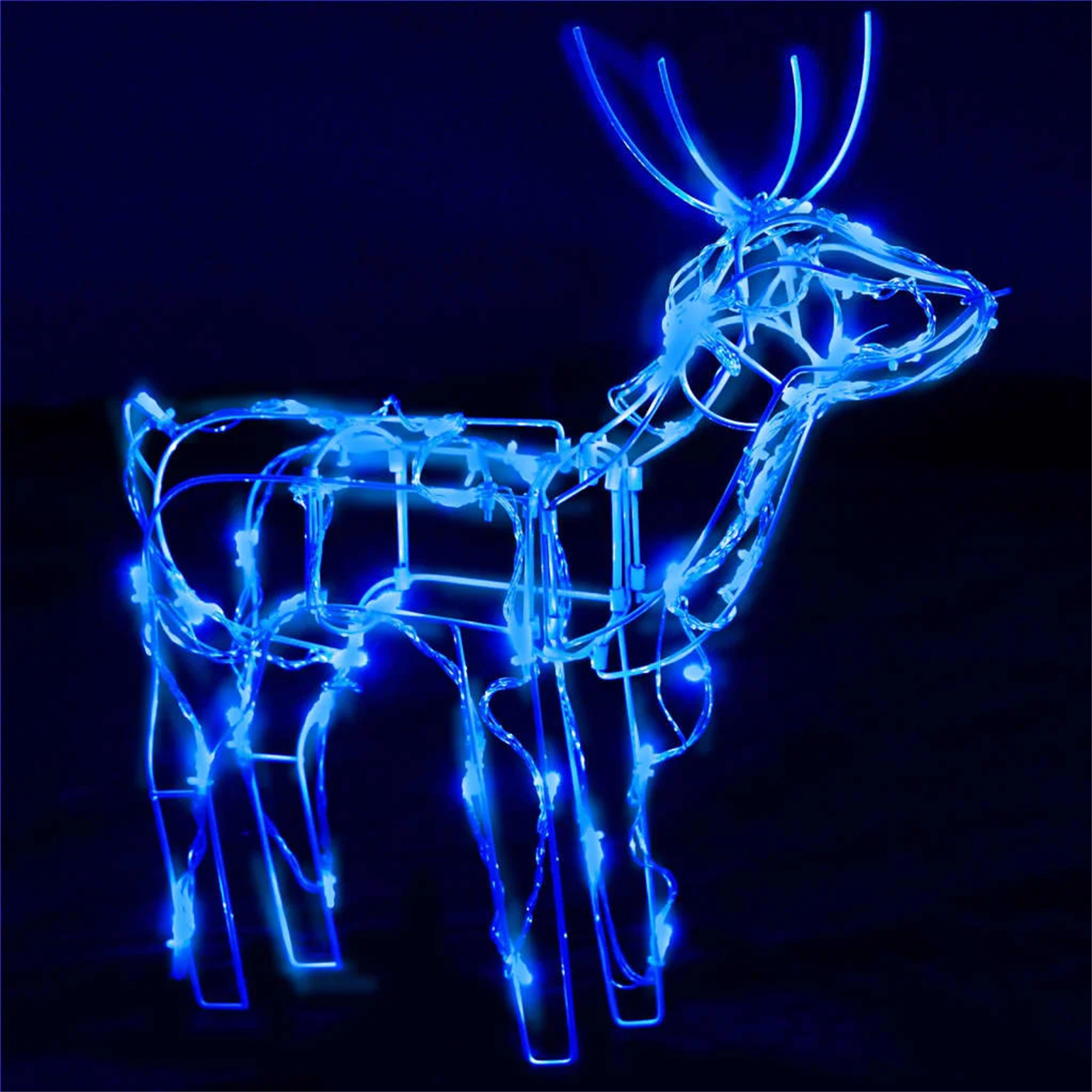 Eine blaue Neon-Rentier-Skulptur auf dunklem Hintergrund. Es hat ein detailliertes Design.