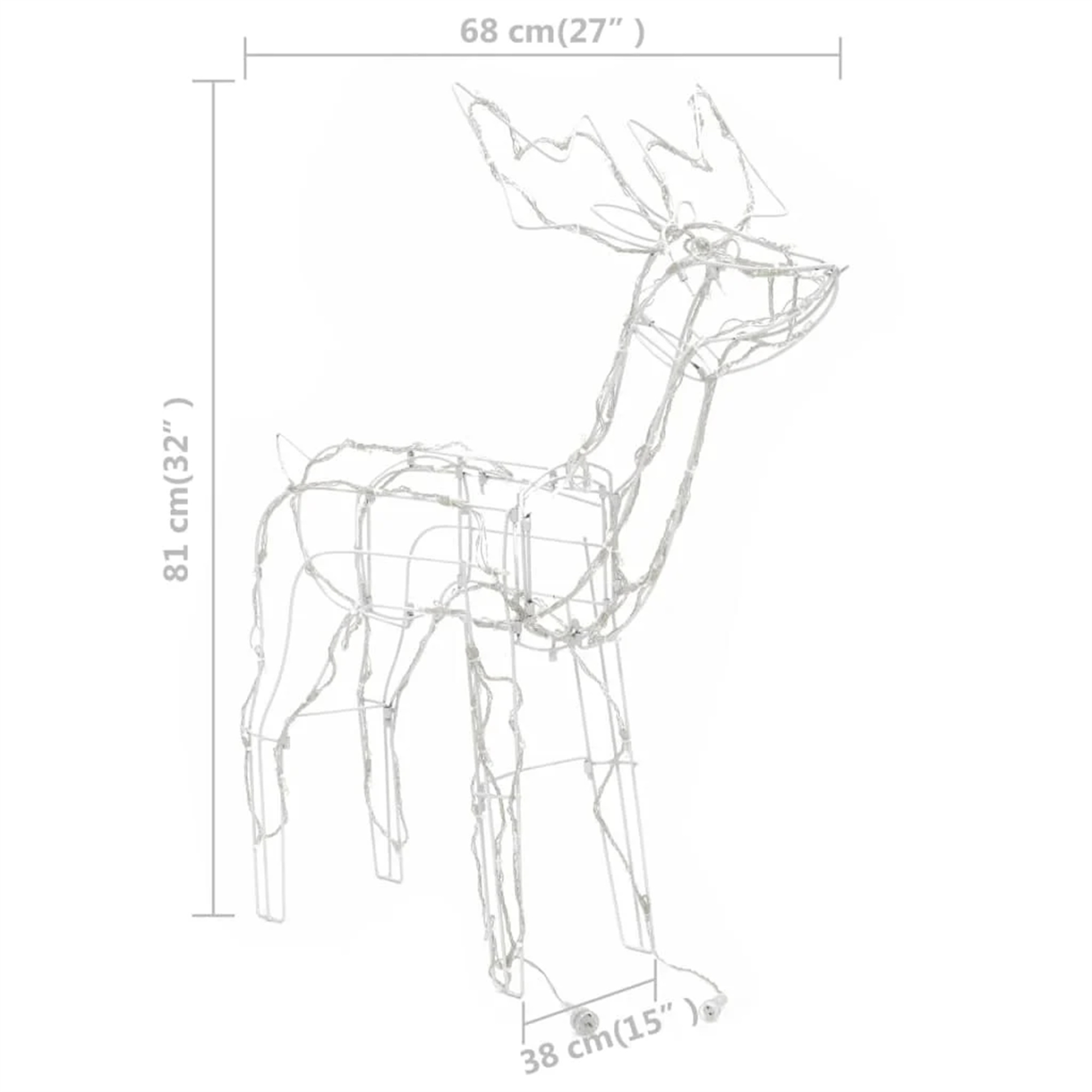 Weiße Drahtgitter-Rentierdekoration mit Abmessungen, auf weißem Hintergrund. Es ist 81 cm hoch und 68 cm breit.