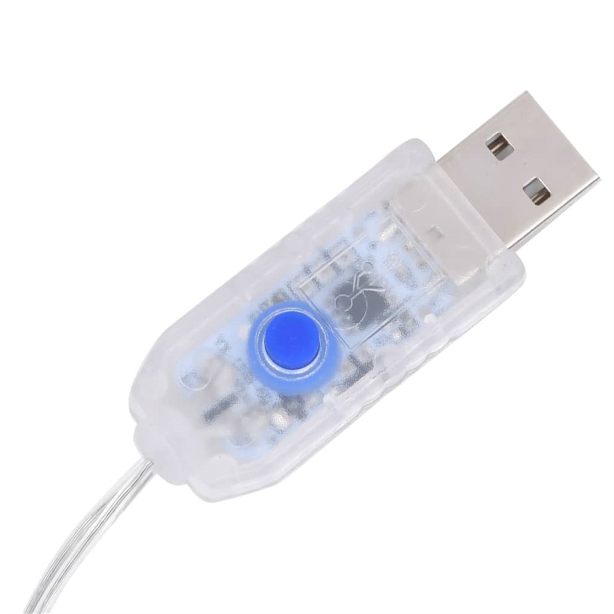 Klares USB-Kabel mit blauem Knopf und USB-Anschluss. Das Kabel ist transparent.
