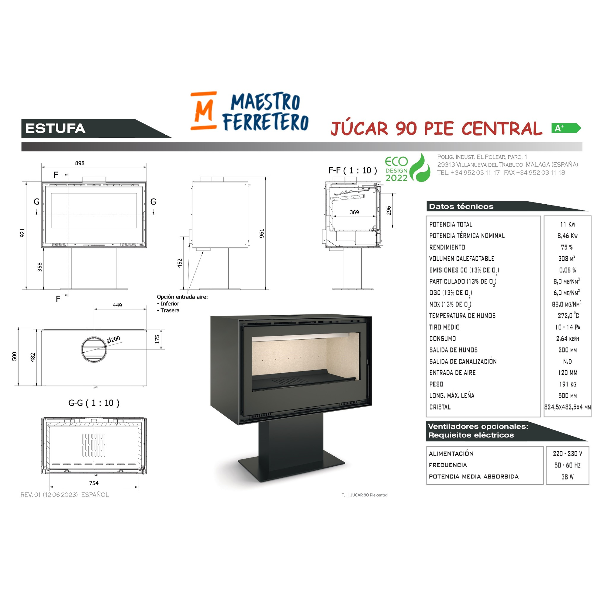 Dibujo técnico de una chimenea con marco negro, con varios diagramas.