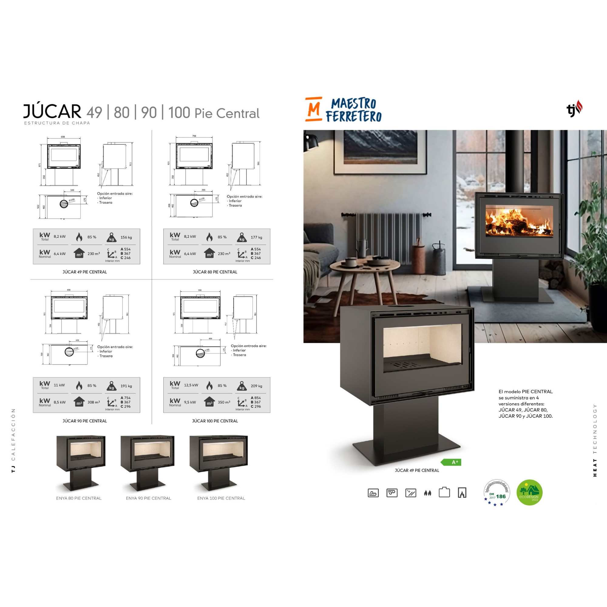 Una página de catálogo que muestra diagramas y una foto de una chimenea negra. El texto incluye especificaciones del modelo.