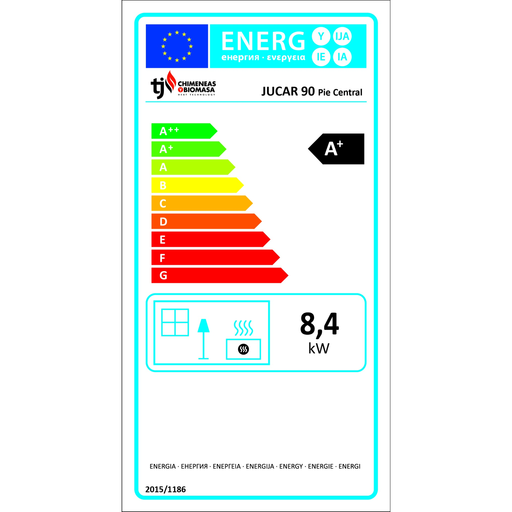 La etiqueta energética muestra la eficiencia energética A+ para un calentador. Tiene una bandera de la Unión Europea.