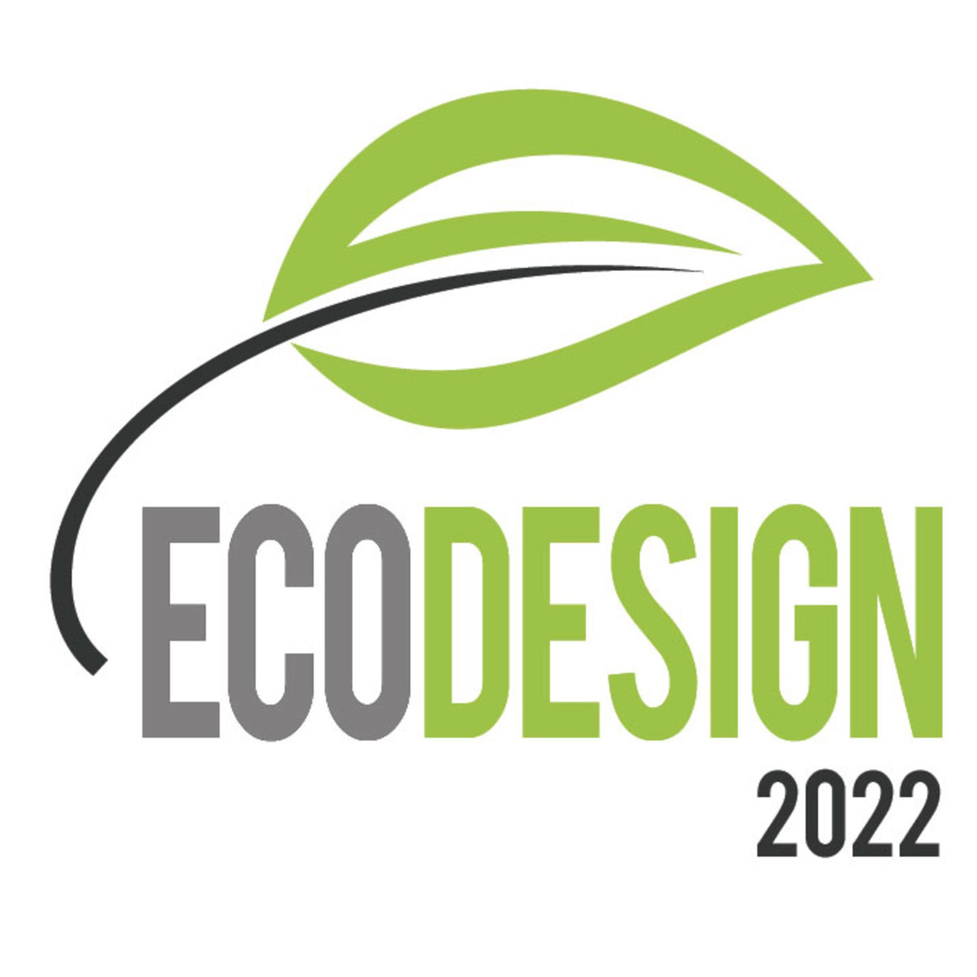 Hoja verde con texto 'ECODESIGN 2022'. Hoja verde con tallo negro curvado.