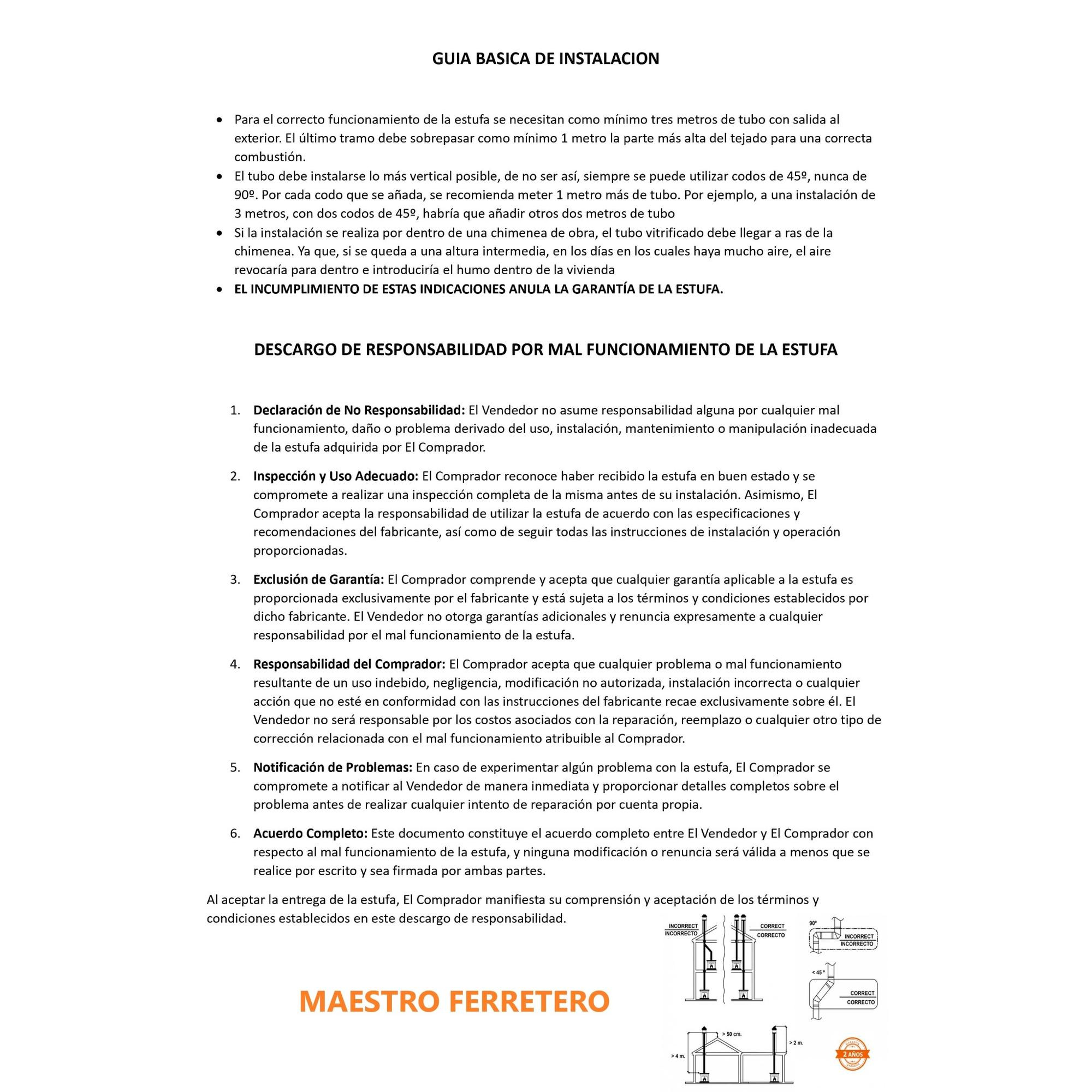 Documento de texto en español con exenciones de responsabilidad legal y diagramas de instalación de estufas.