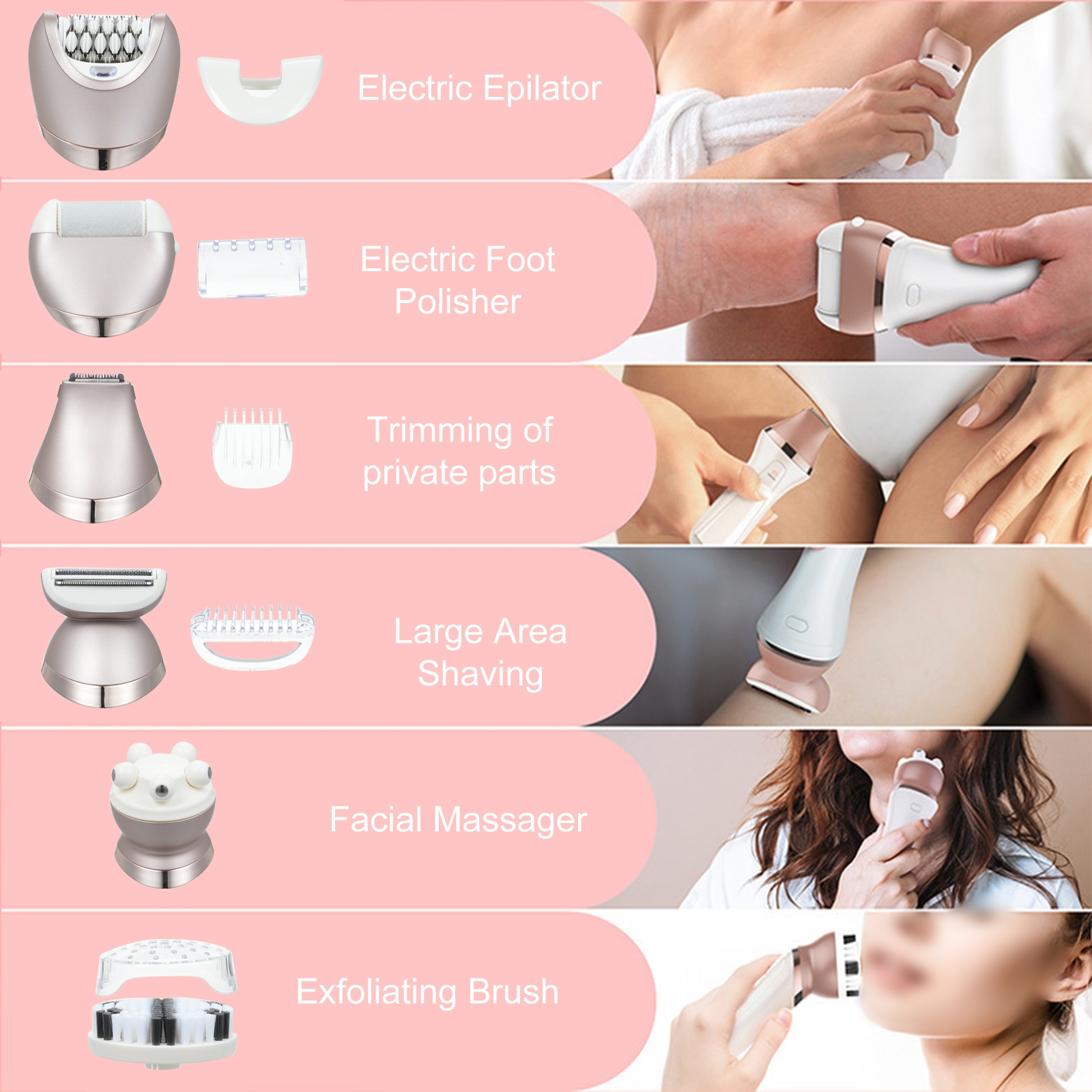 Collage aus elektrischem Epilierer, Fußpolierer, Intimrasierer, Rasierer, Gesichtsmassagegerät und Bürste.