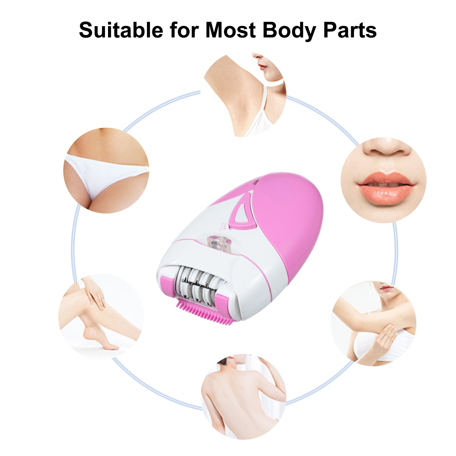 Ein pink-weißes Haarentfernungsgerät, umgeben von Körperteilen: Beine, Achsel, Lippen und Rücken.