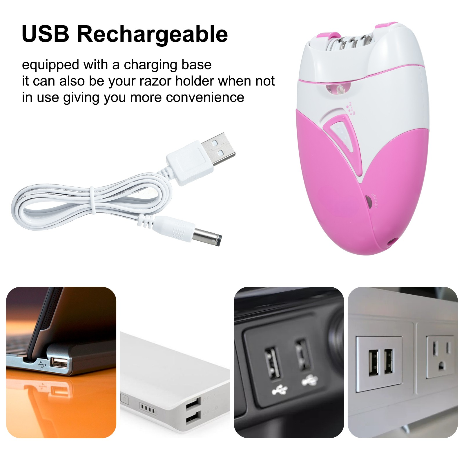 Elektrischer Rasierer in Rosa und Weiß mit Ladekabel. USB- und Steckdosen im Hintergrund.