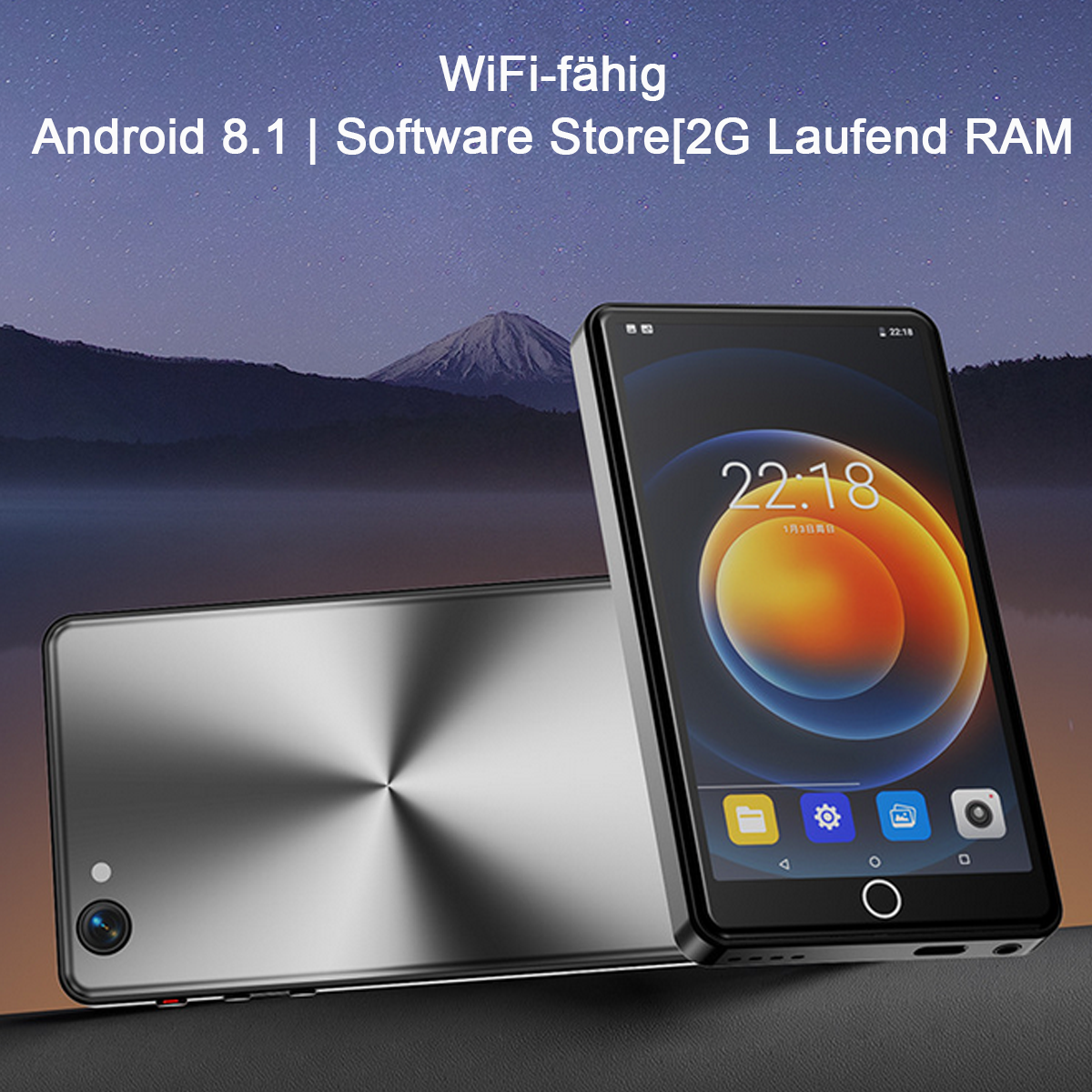 Ein schwarzes Smartphone mit großem Bildschirm und die Rückseite eines silbernen Telefons.