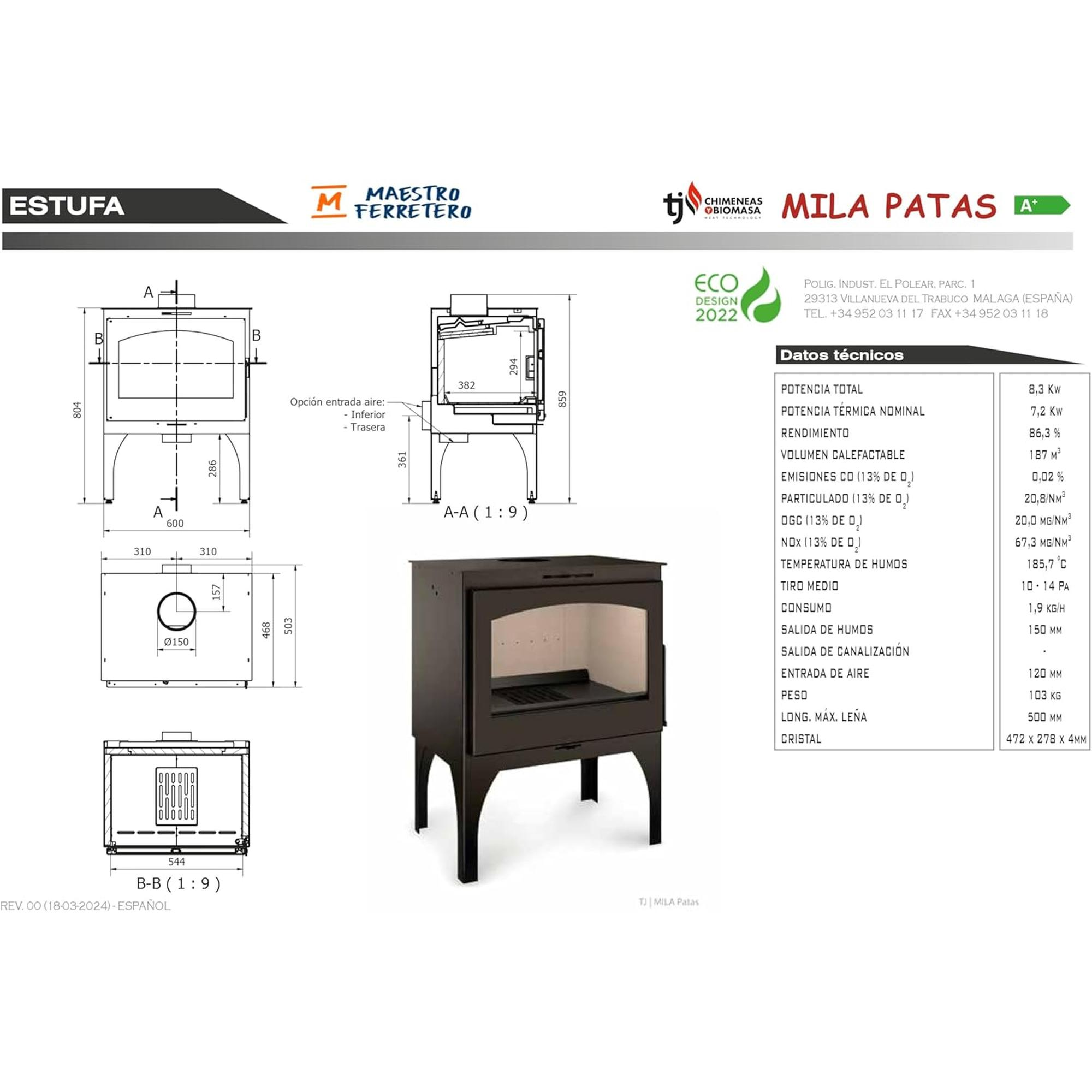 Un dibujo técnico de una estufa de chimenea, con medidas y detalles. Varias vistas y etiquetas.