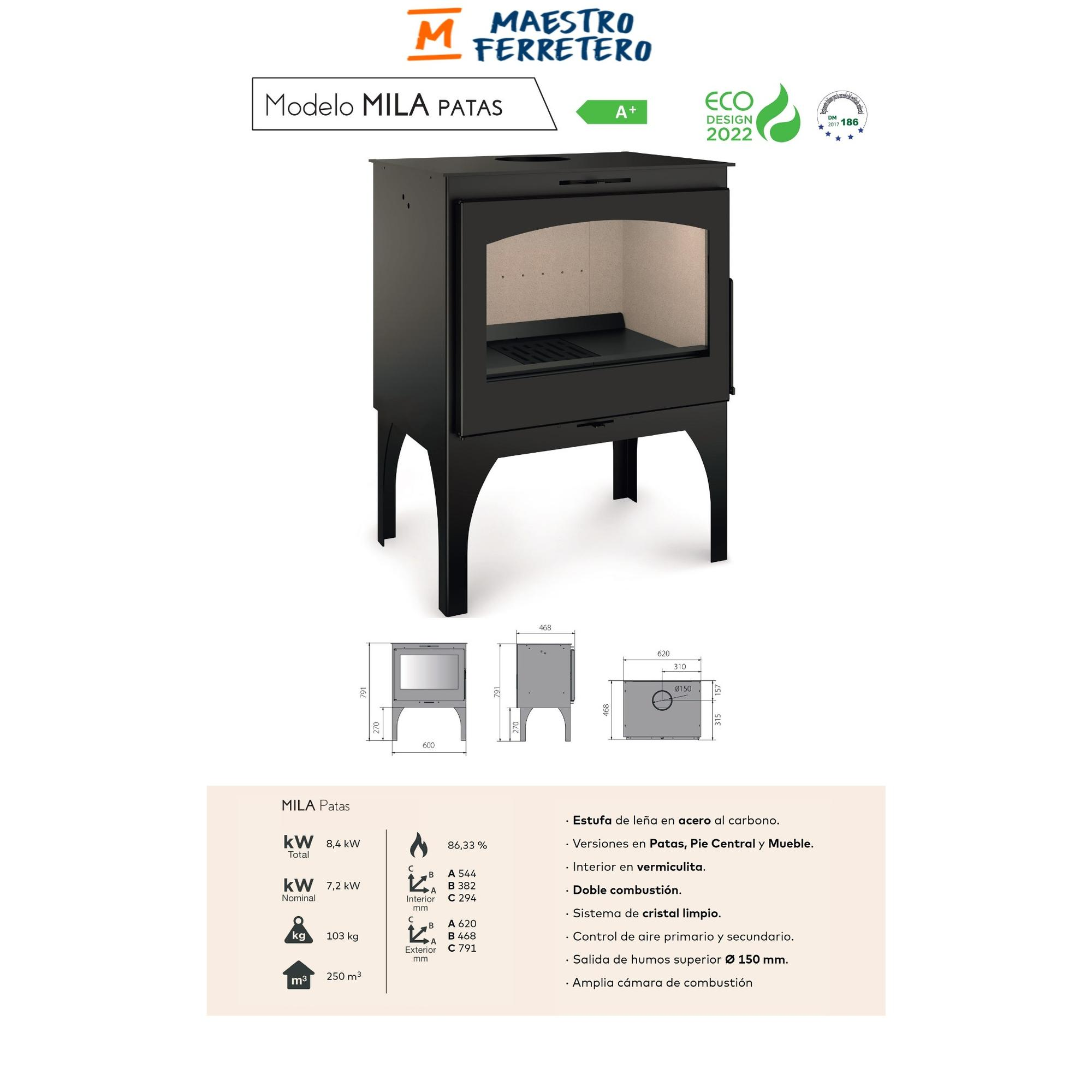 Una chimenea negra con puerta de cristal. La chimenea está sobre un fondo blanco.