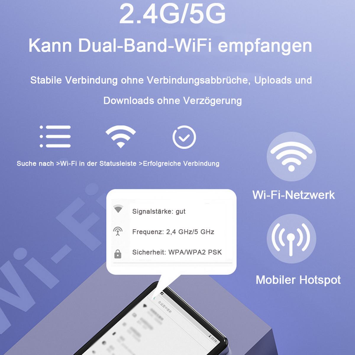Ein Smartphone-Bildschirm mit WLAN-Einstellungen. Es zeigt Signalstärke, Frequenz und Sicherheitstyp.