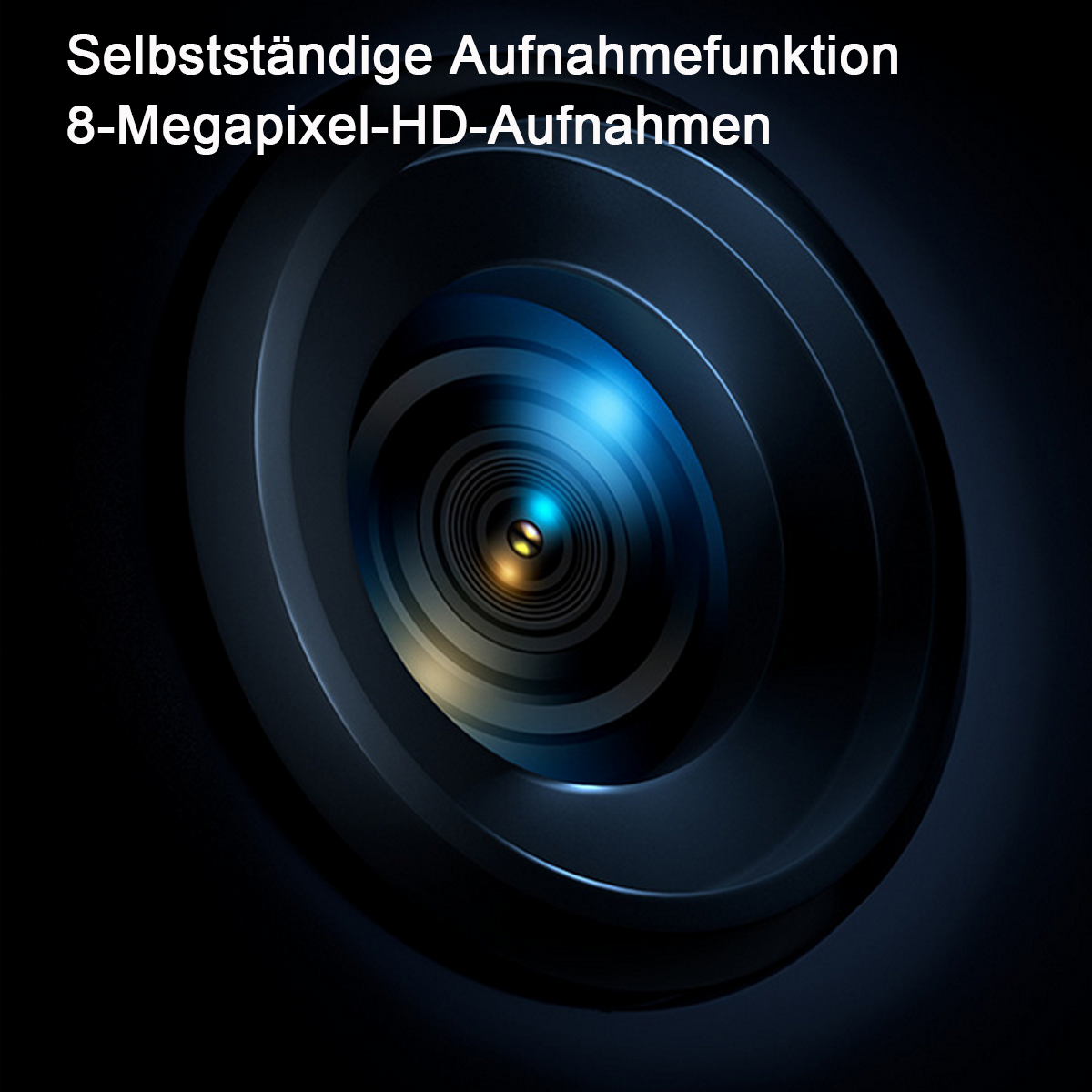 Nahaufnahme eines Kameraobjektivs. Blaue und goldene Reflexionen im Objektiv, dunkler Hintergrund.