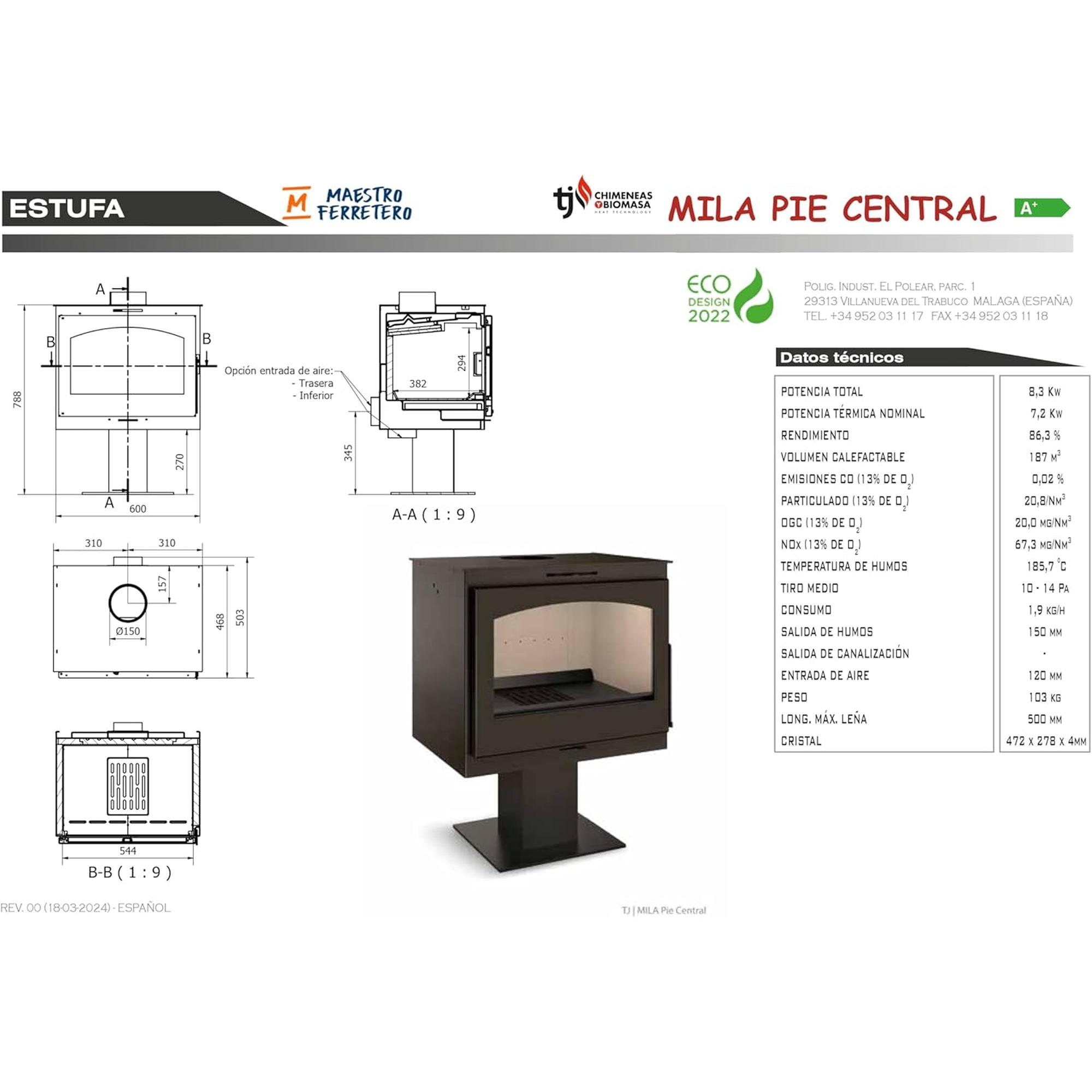 Dibujo técnico de una chimenea. Muestra dimensiones y detalles del diseño de la chimenea.