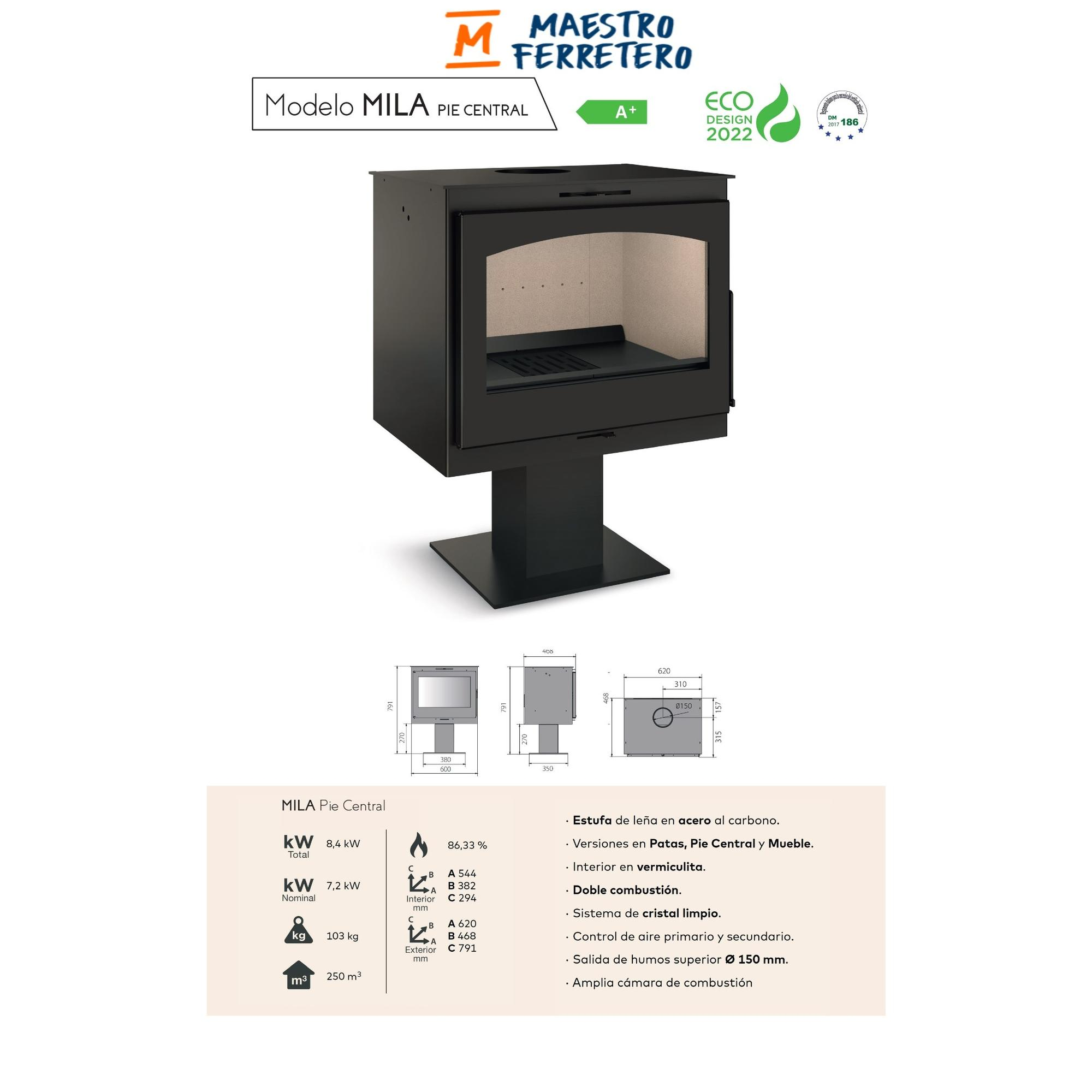 Una chimenea negra con puerta de cristal y soporte negro. Fondo blanco.