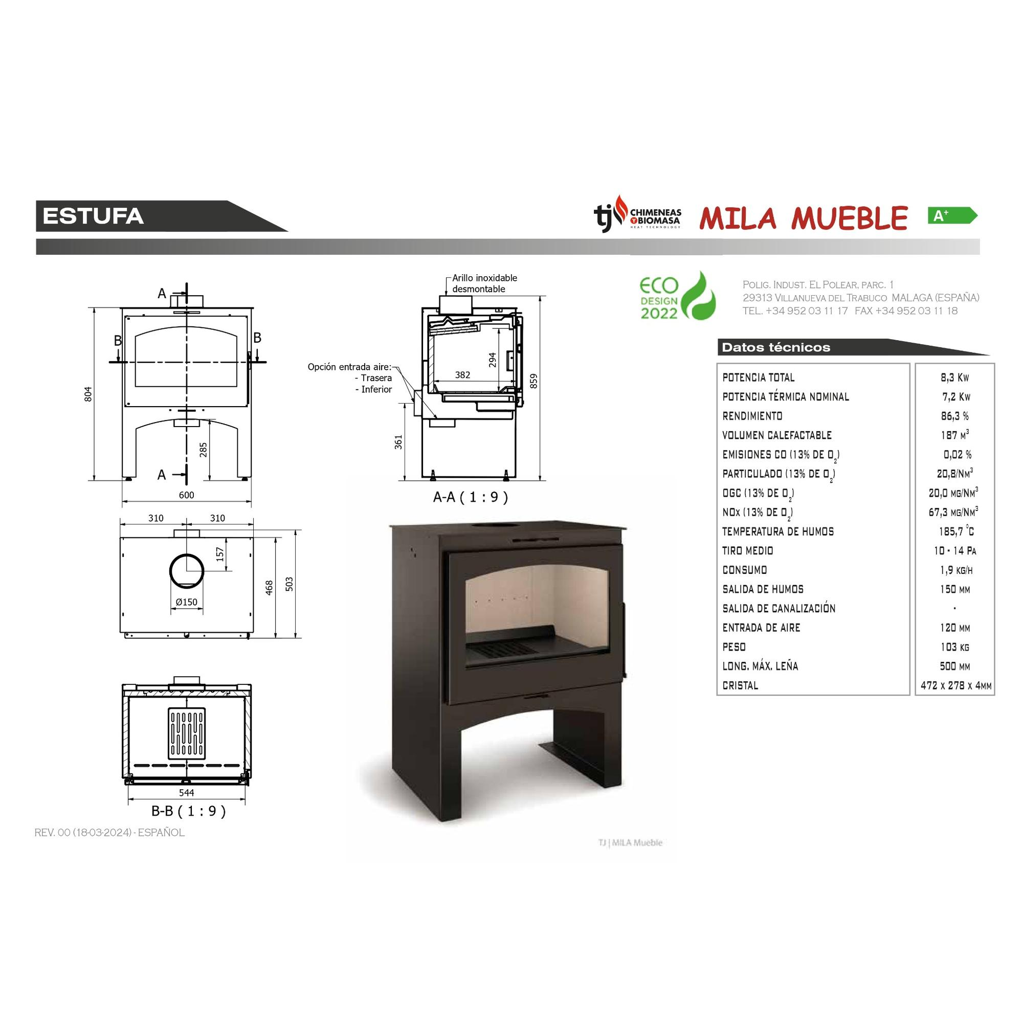 Dibujo técnico de una chimenea, mostrando dimensiones y especificaciones técnicas.