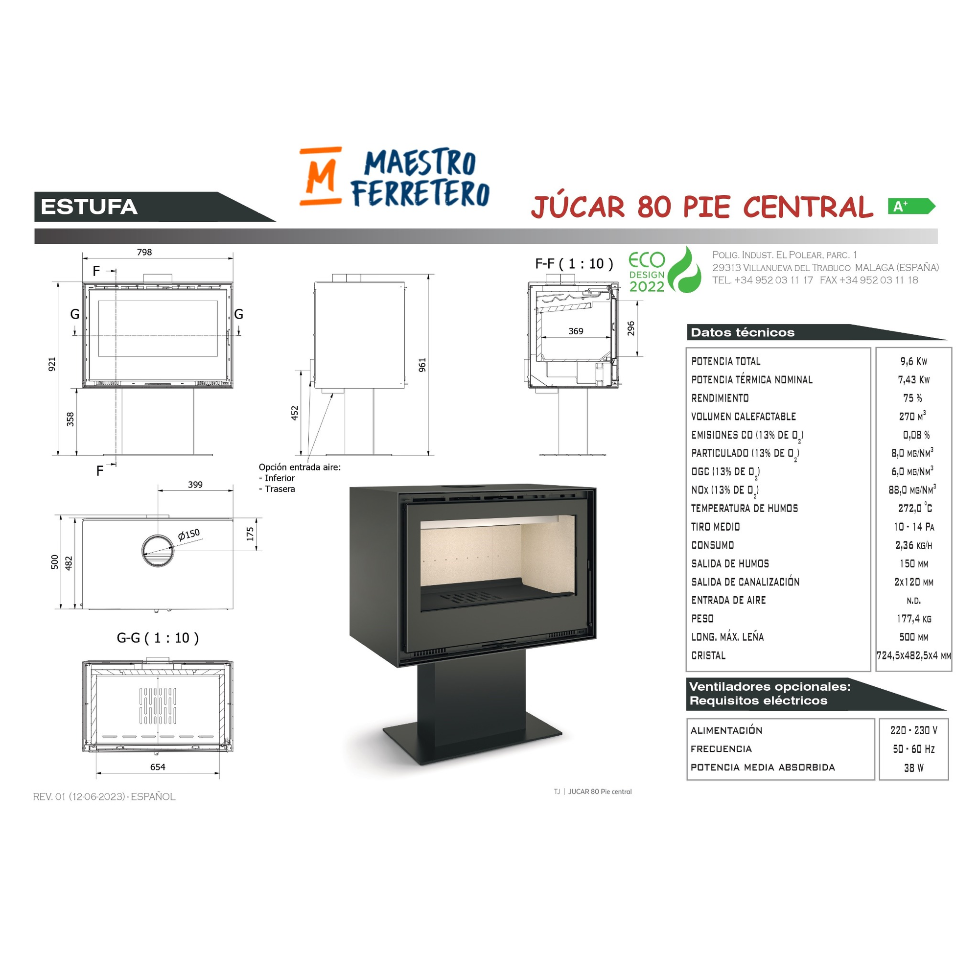 Diagrama técnico de una chimenea negra con especificaciones y texto.